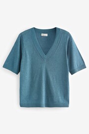 Teal Blue 100% Linen V-Neck Knitted T-Shirt - Image 6 of 6