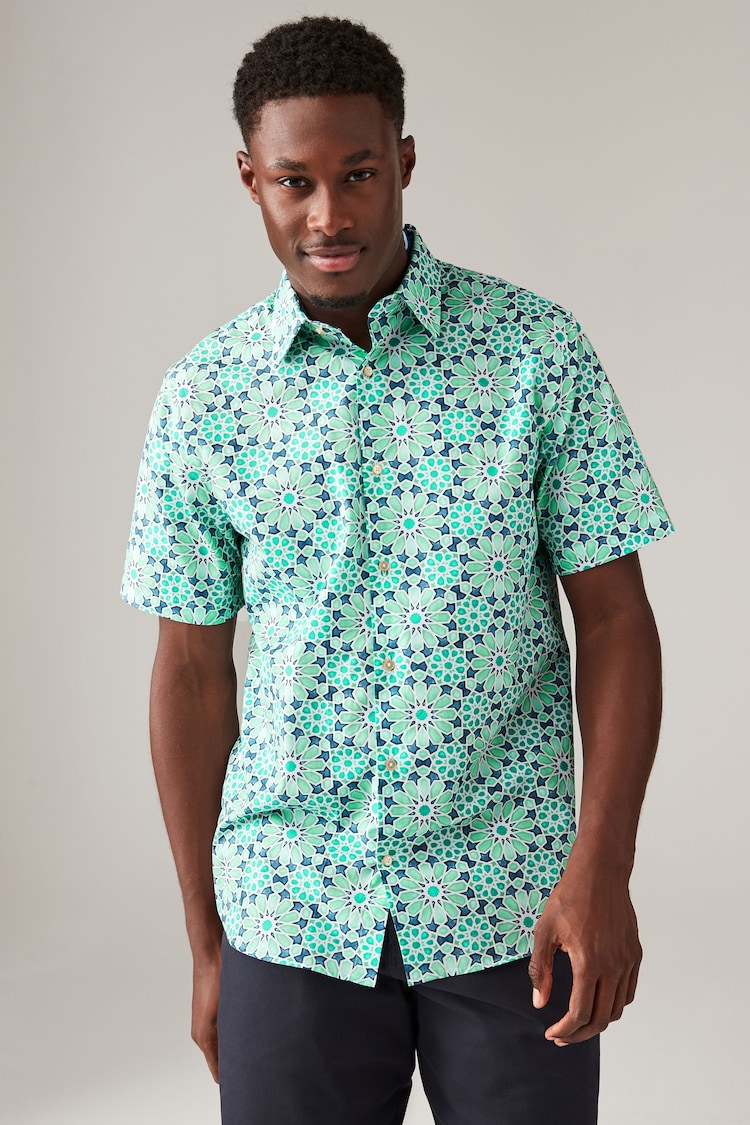 Green Regular Fit 100% Cotton Printed Short Sleeve Shirt - Image 1 of 5