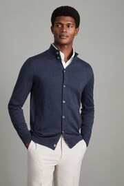 Reiss Indigo Melange Harlow Merino Wool Button Through Funnel Neck Shirt - Image 1 of 6