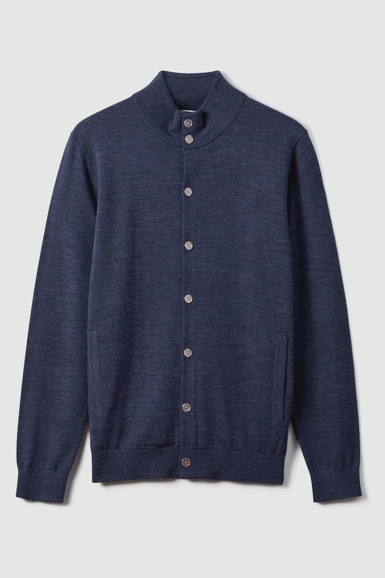 Reiss Indigo Melange Harlow Merino Wool Button Through Funnel Neck Shirt - Image 2 of 6