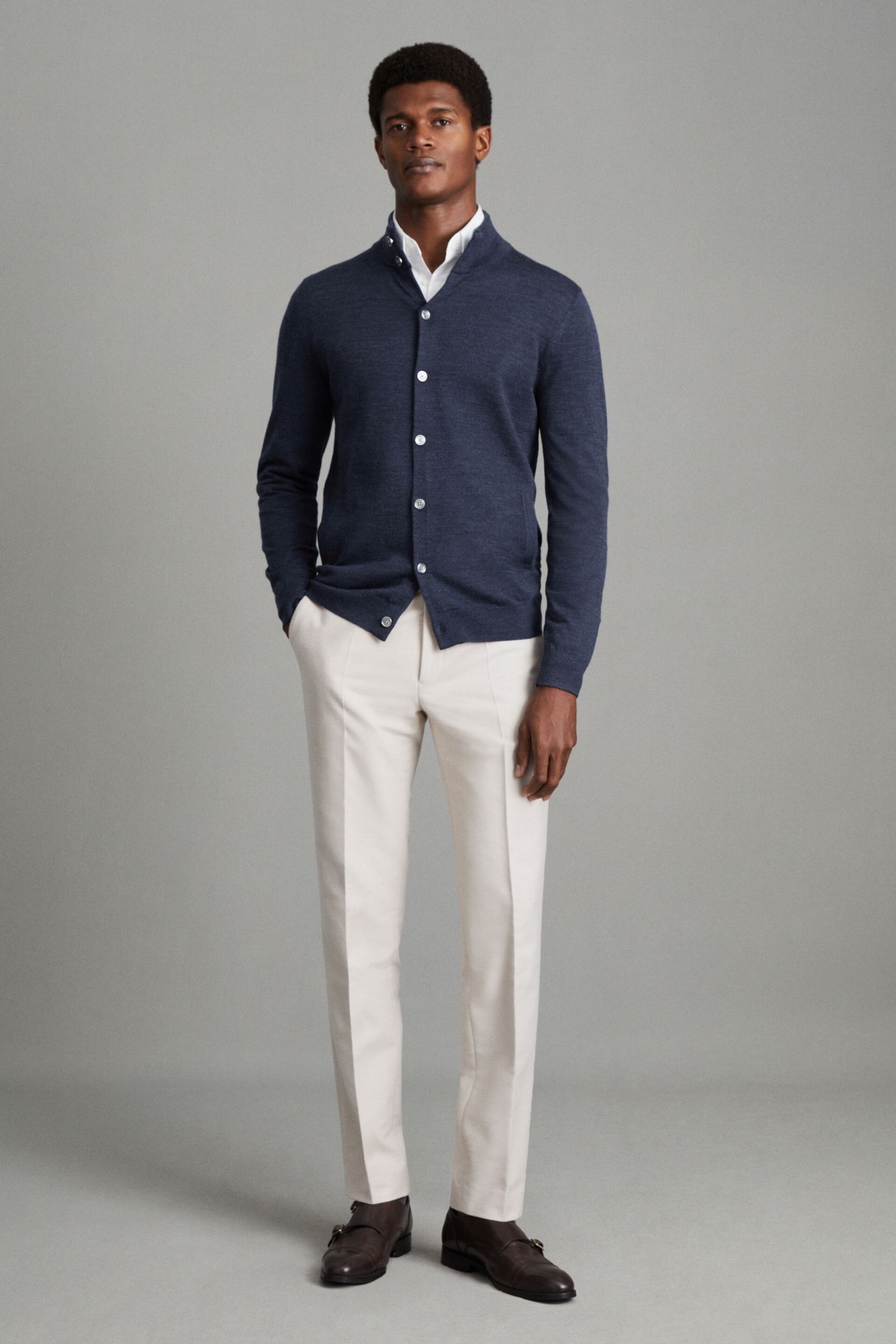 Reiss Indigo Melange Harlow Merino Wool Button Through Funnel Neck Shirt - Image 3 of 6