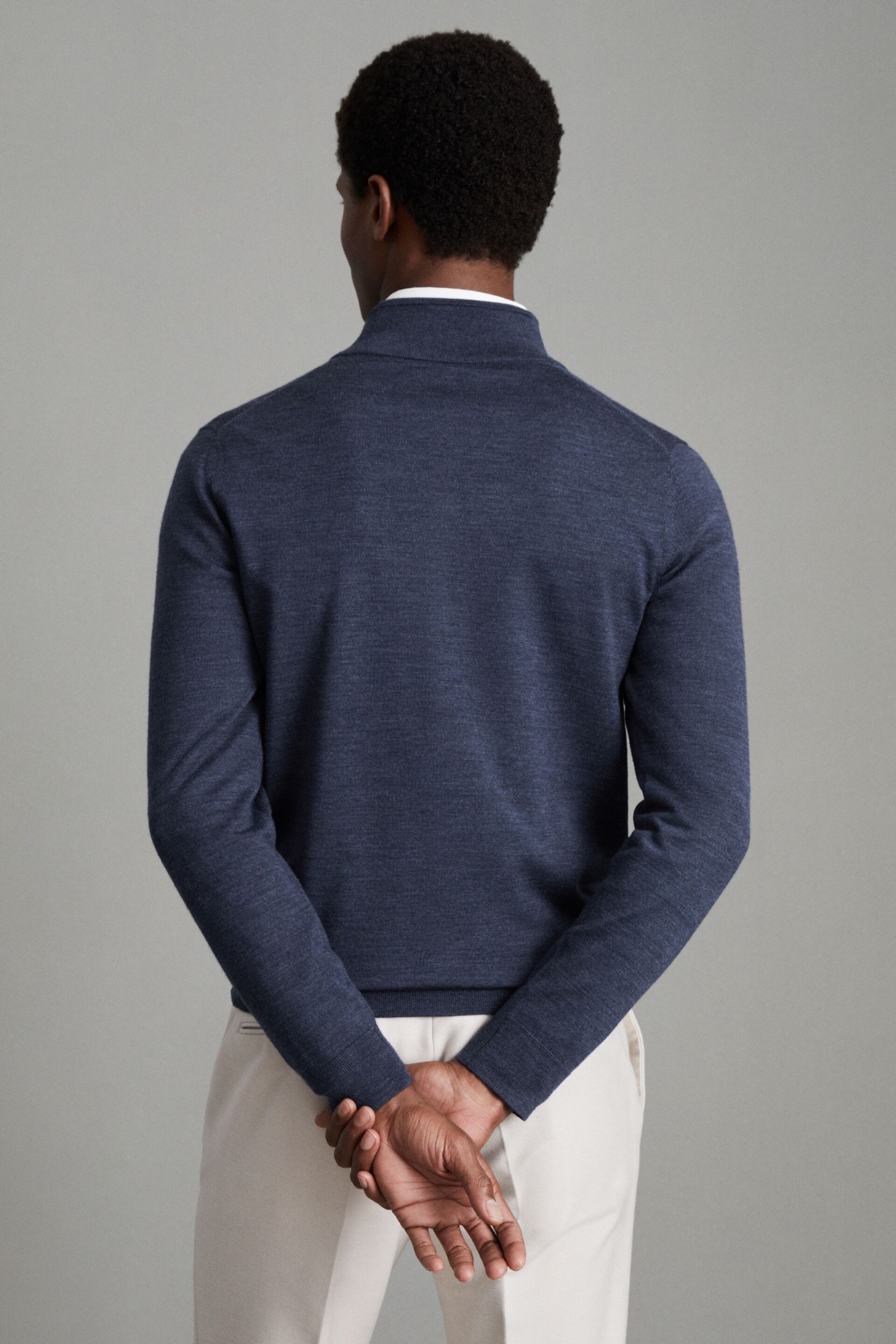 Reiss Indigo Melange Harlow Merino Wool Button Through Funnel Neck Shirt - Image 4 of 6