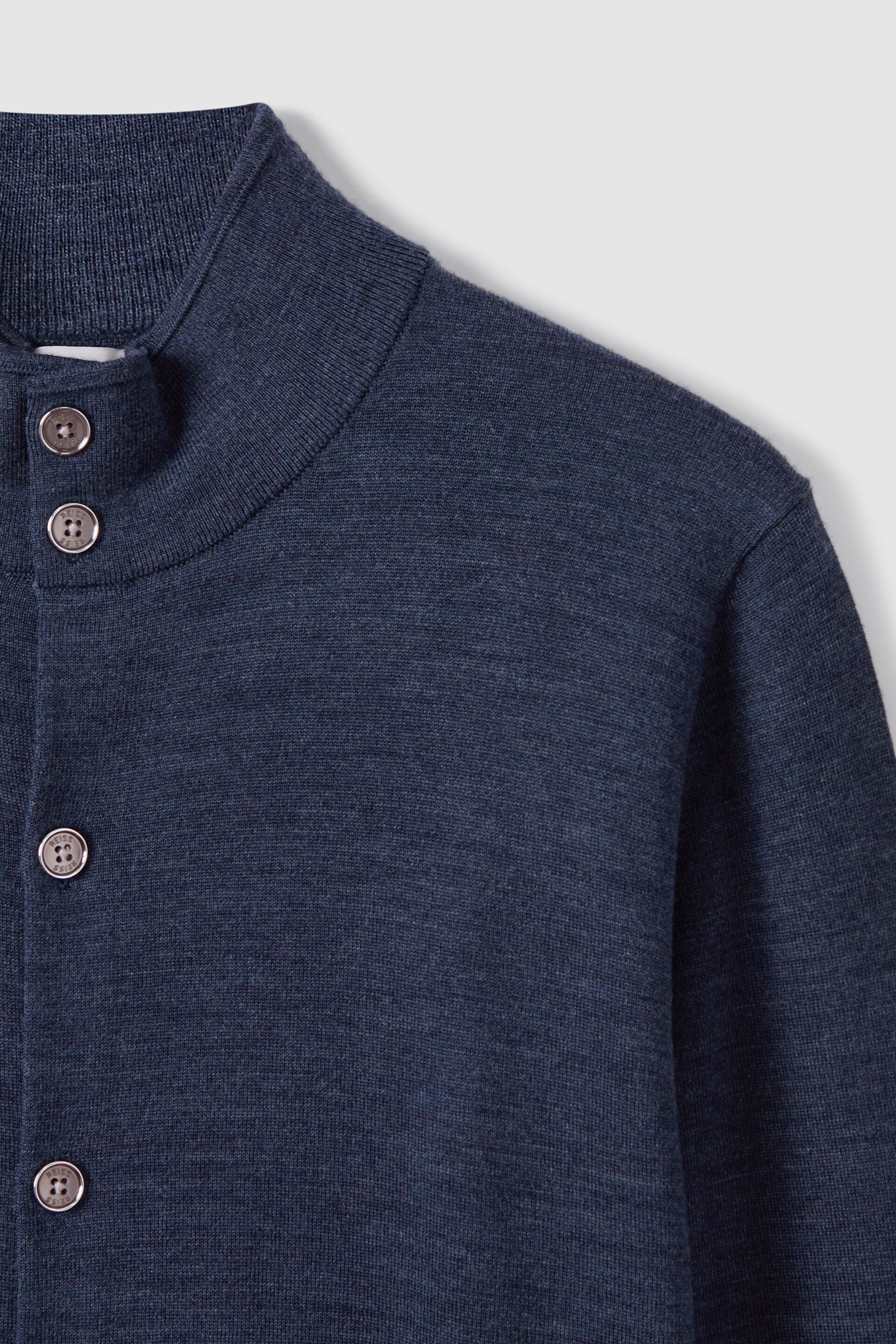 Reiss Indigo Melange Harlow Merino Wool Button Through Funnel Neck Shirt - Image 5 of 6