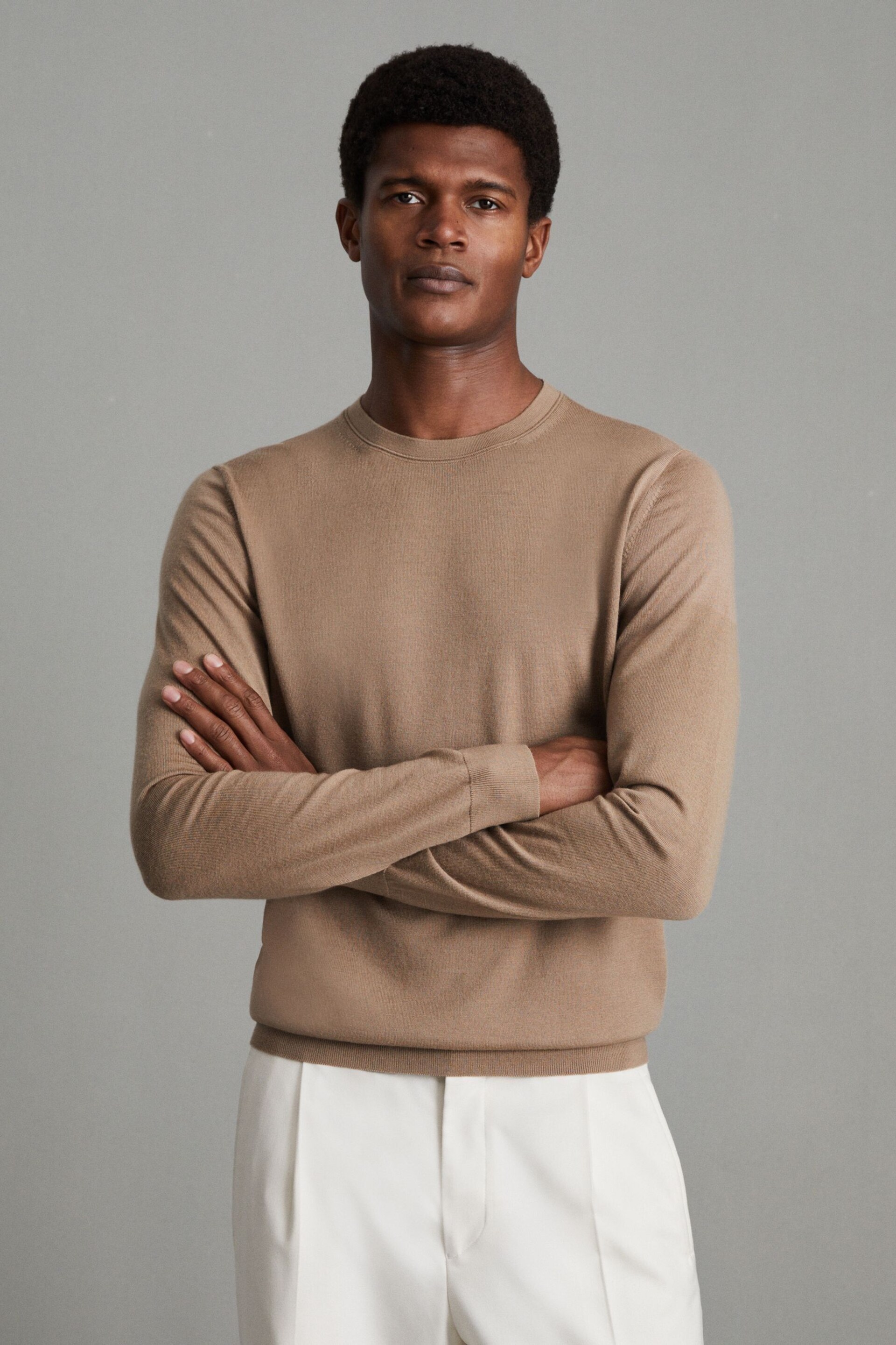 Reiss Camel Wessex Merino Wool Crew Neck Jumper - Image 1 of 6