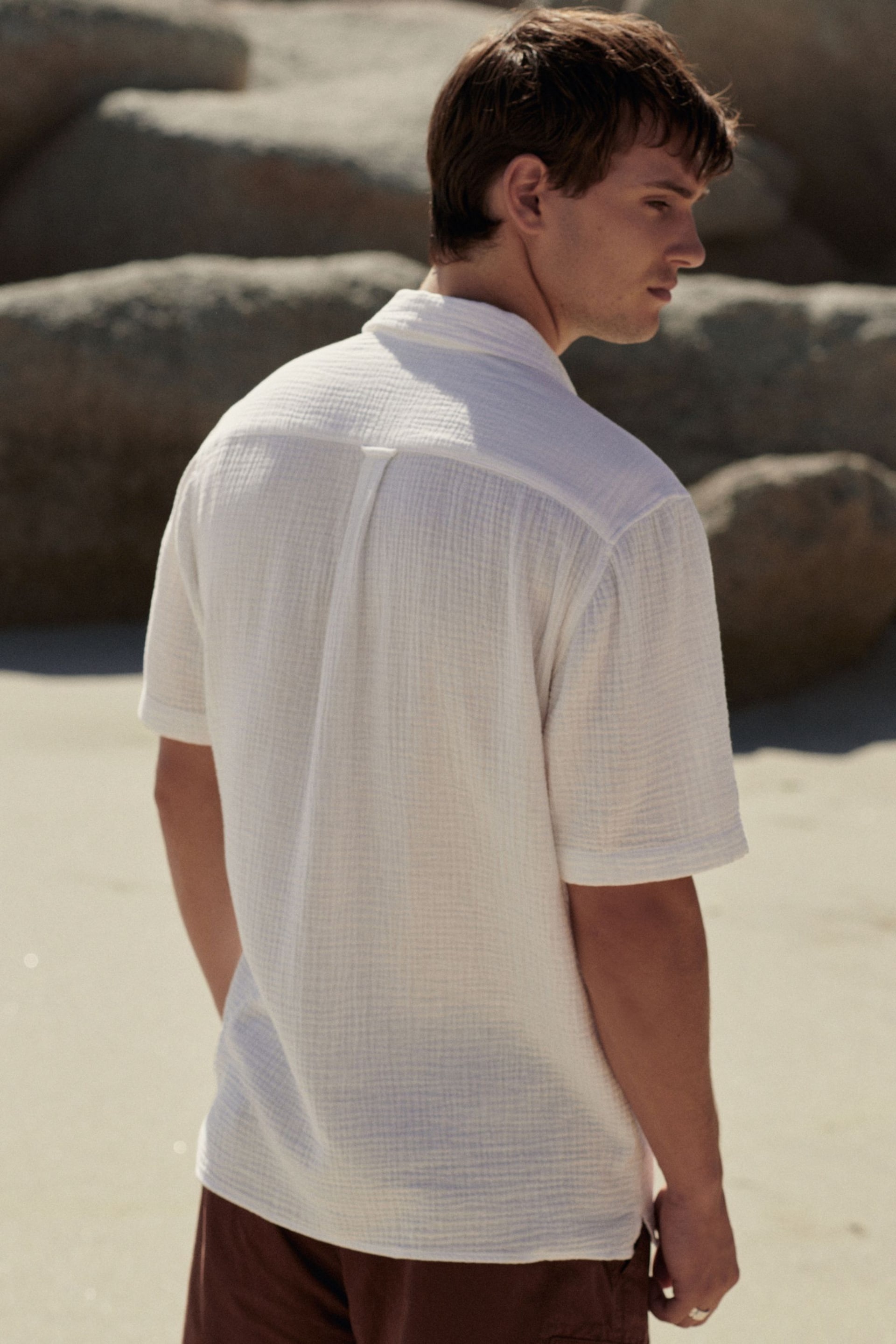 White Short Sleeve Embroidered Shirt with Cuban Collar - Image 3 of 8