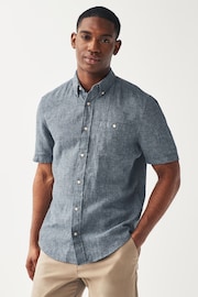 Navy Standard Collar Linen Blend Short Sleeve Shirt - Image 1 of 4