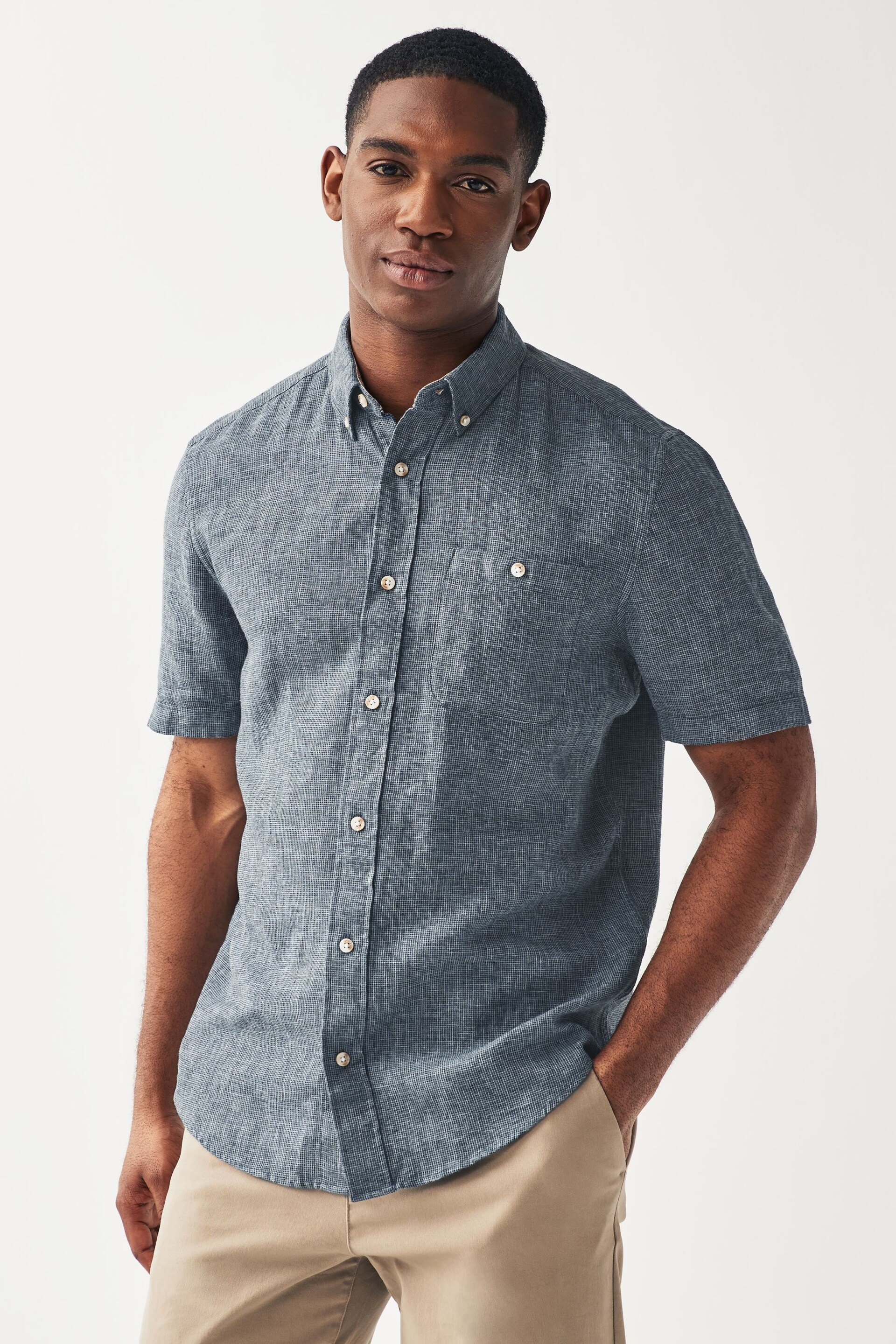 Navy Standard Collar Linen Blend Short Sleeve Shirt - Image 1 of 4