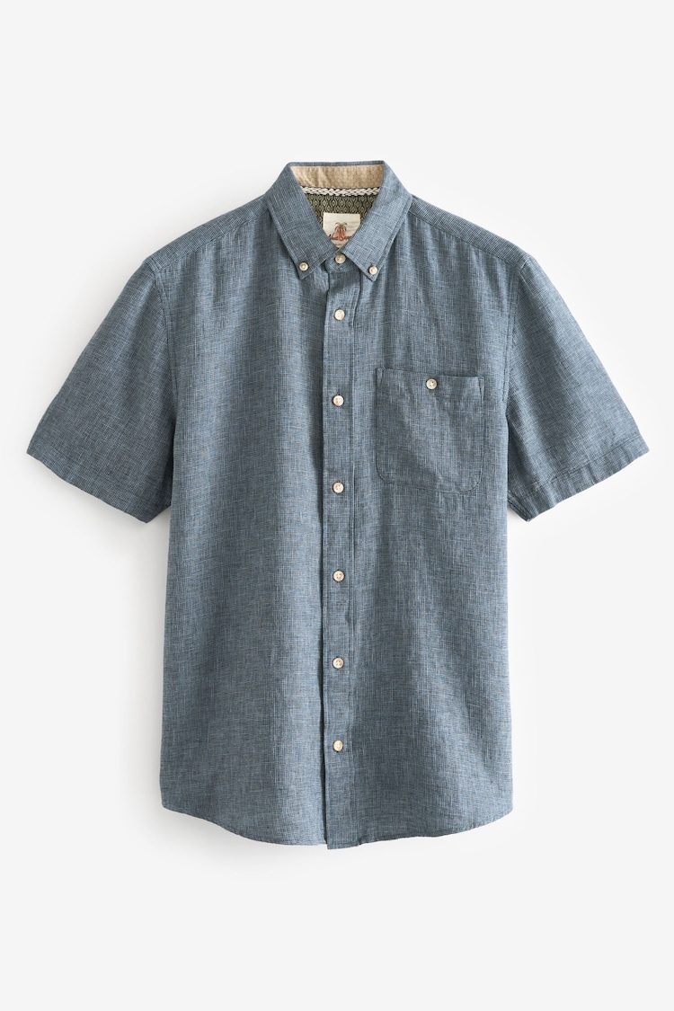 Navy Standard Collar Linen Blend Short Sleeve 100% Cotton Shirt - Image 2 of 4