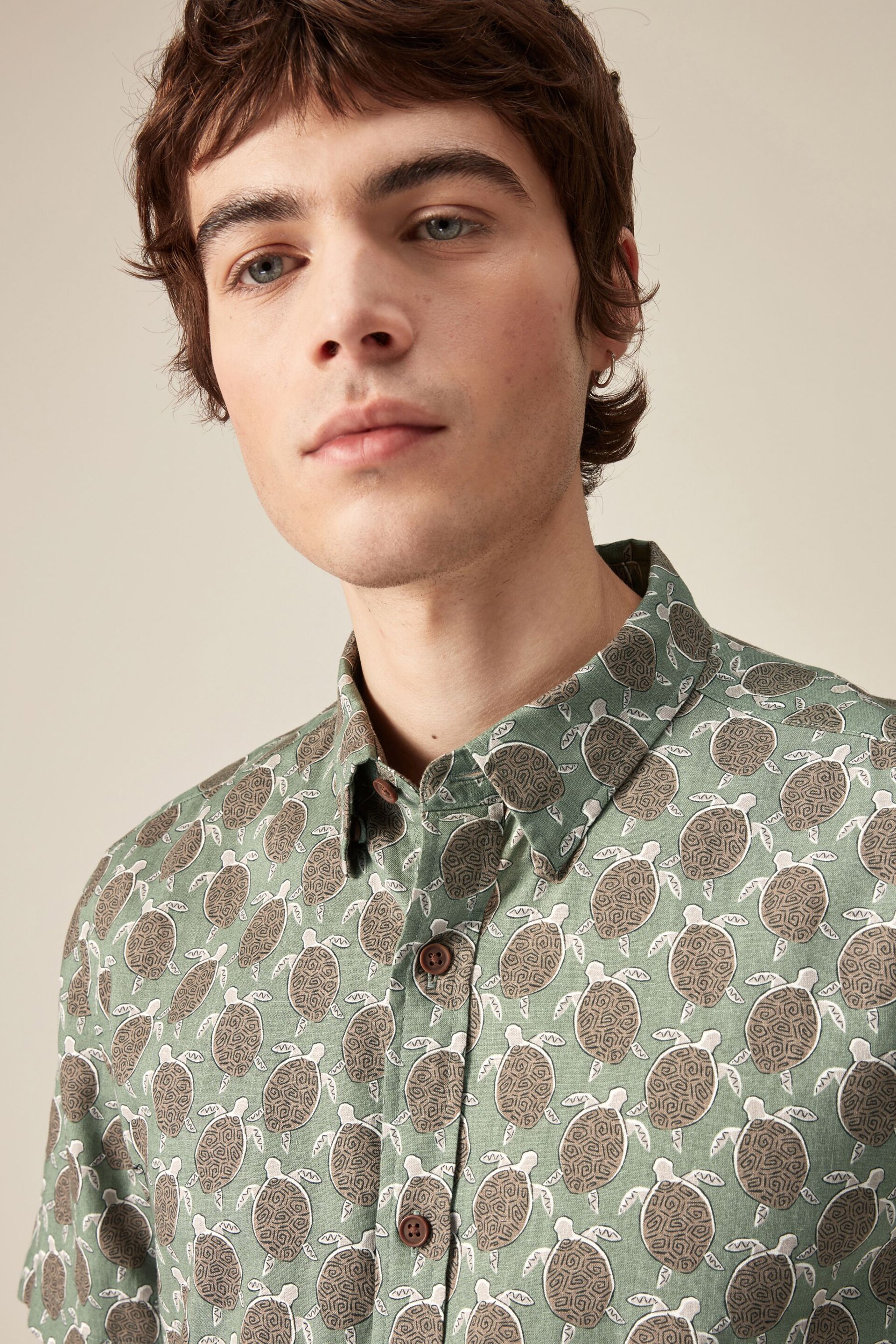 Green Linen Blend Printed Short Sleeve Shirt - Image 4 of 7