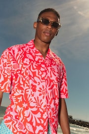 Pink Printed Short Sleeve Shirt with Cuban Collar - Image 1 of 8