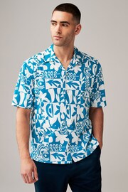 Blue Printed Short Sleeve Shirt With Cuban Collar - Image 1 of 7