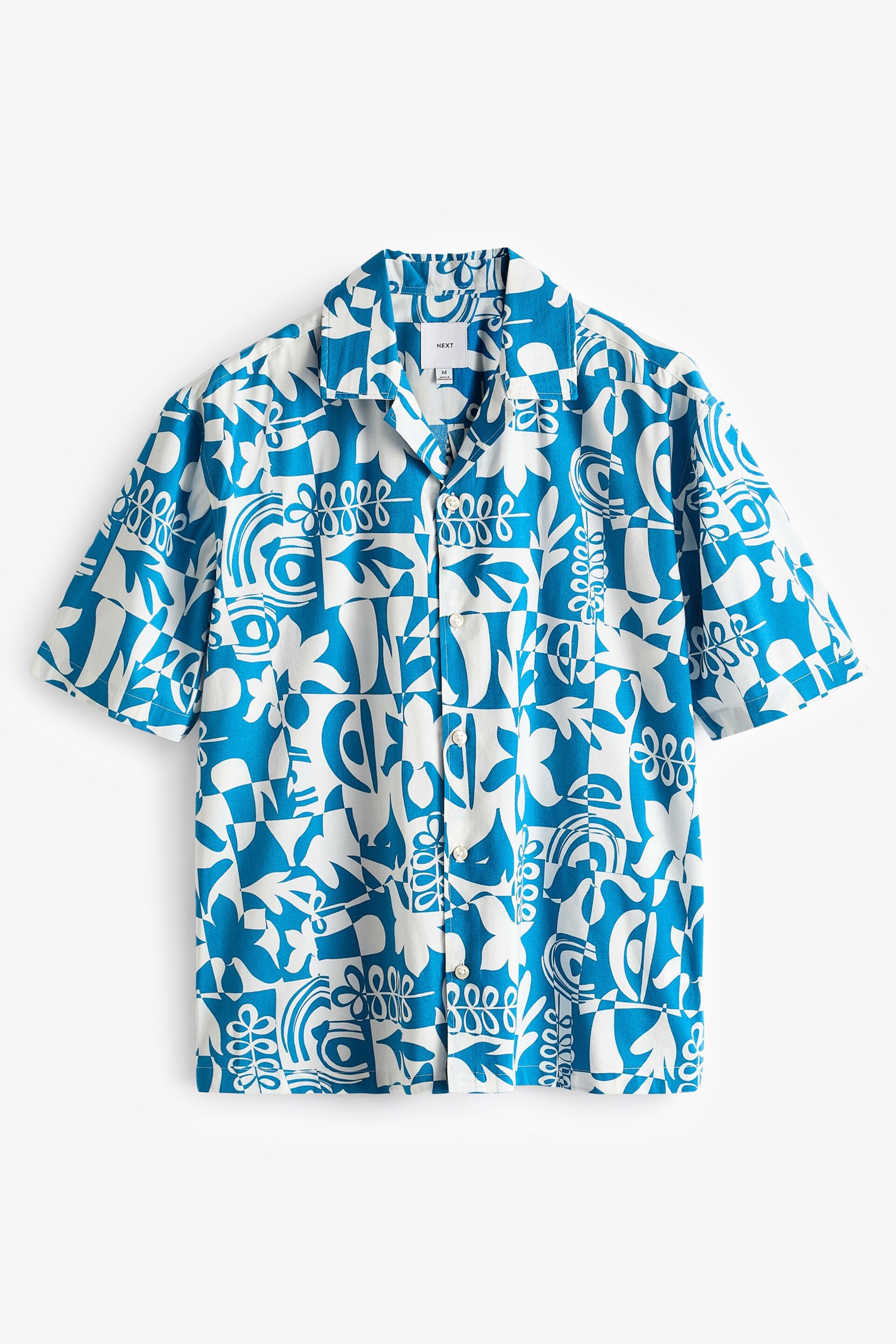 Blue Printed Short Sleeve Shirt With Cuban Collar - Image 5 of 7