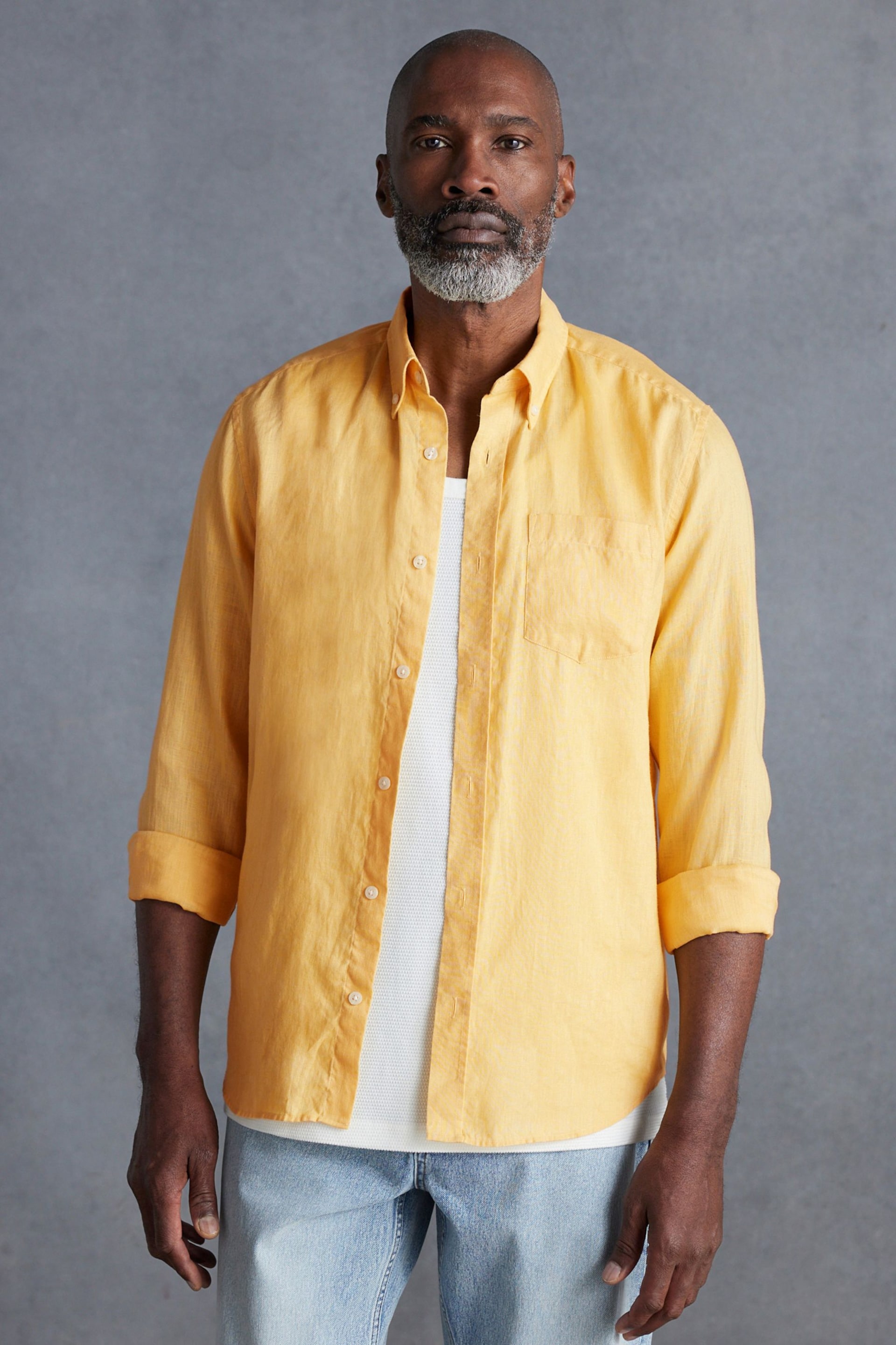 Yellow Standard Collar Signature 100% Linen Long Sleeve Shirt - Image 1 of 10