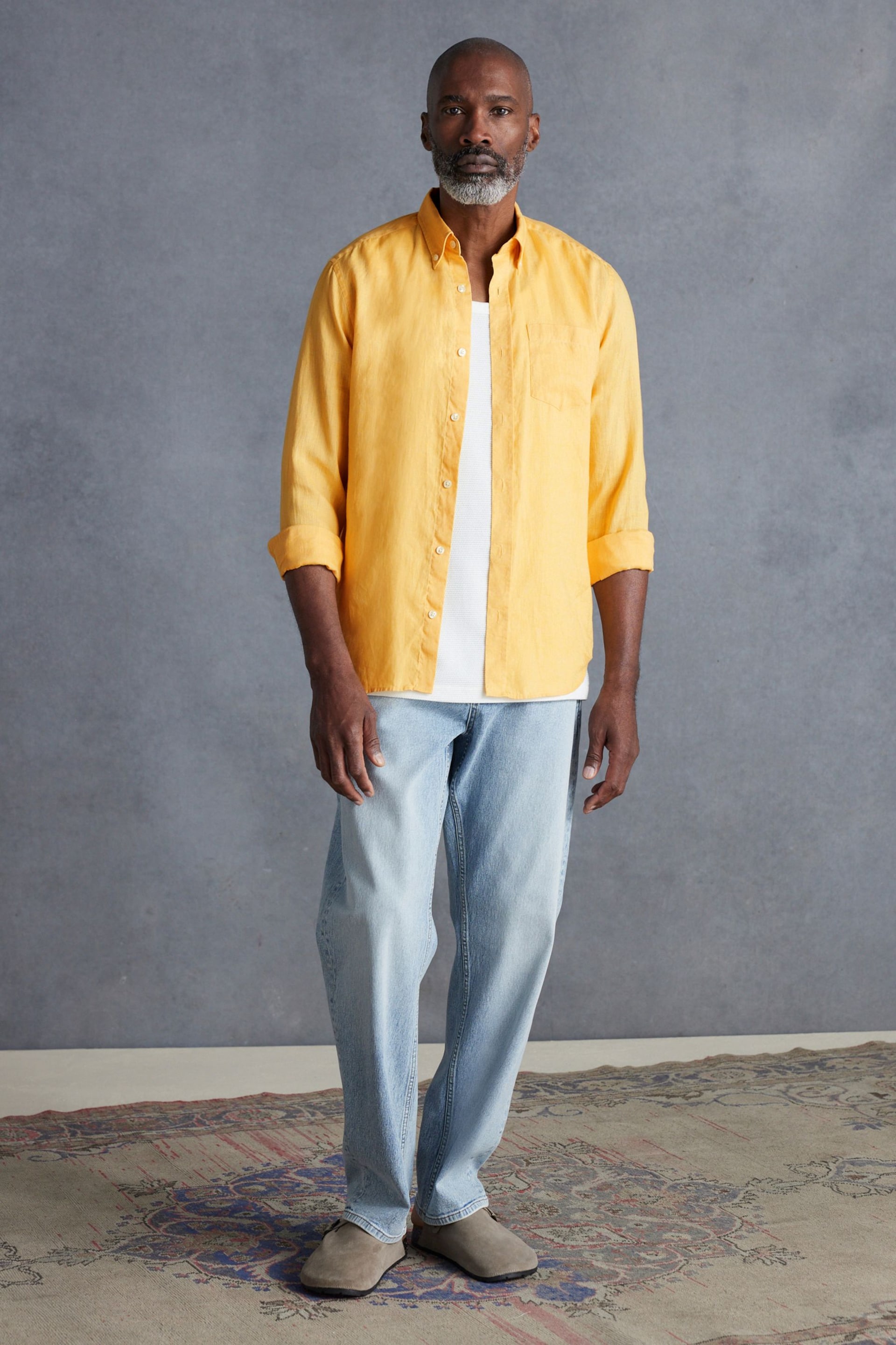 Yellow Standard Collar Signature 100% Linen Long Sleeve Shirt - Image 2 of 10