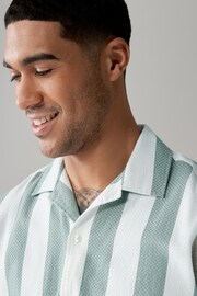 Green Textured Stripe Short Sleeve Shirt with Cuban Collar - Image 1 of 7