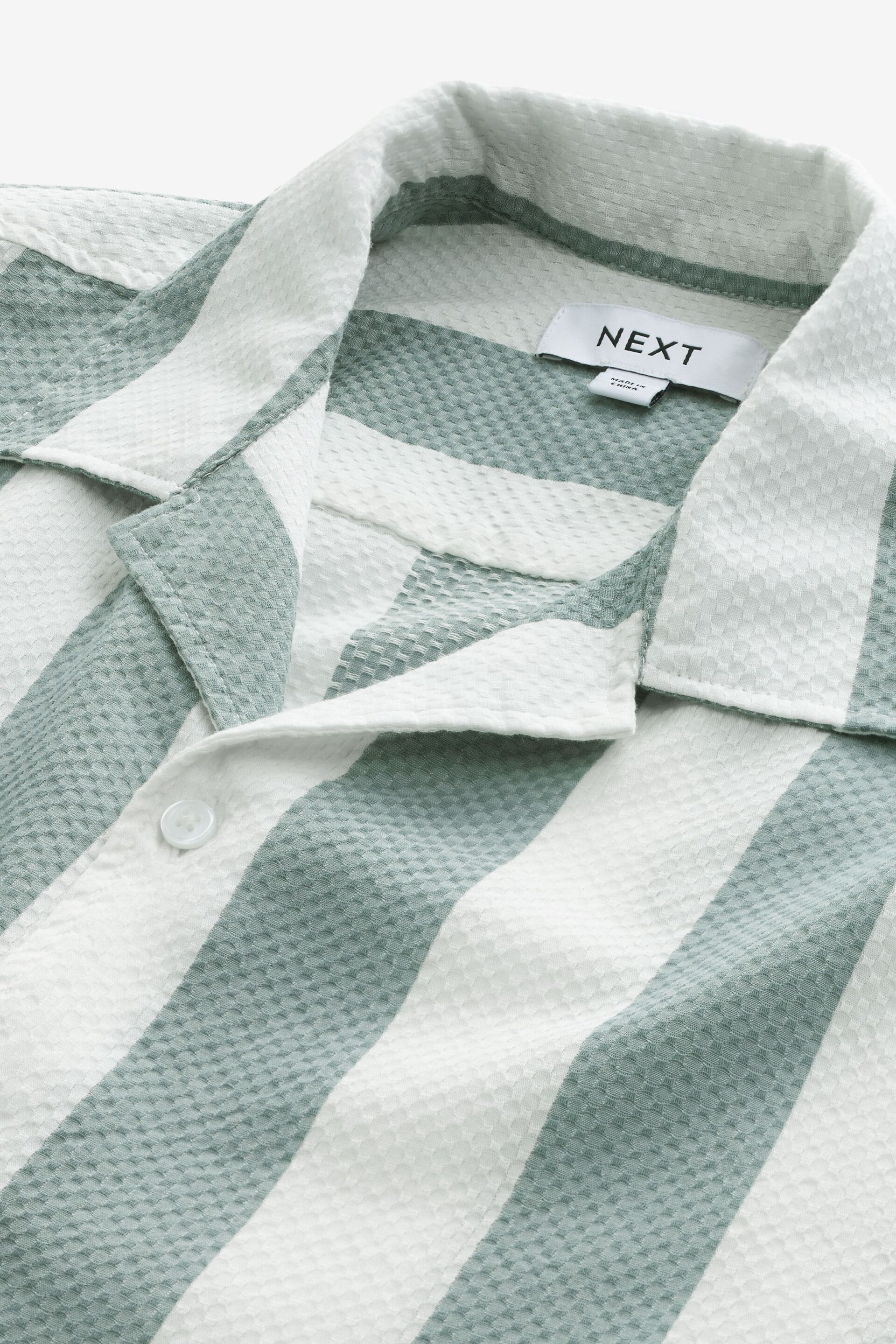 Green Textured Stripe Short Sleeve Shirt with Cuban Collar - Image 6 of 7