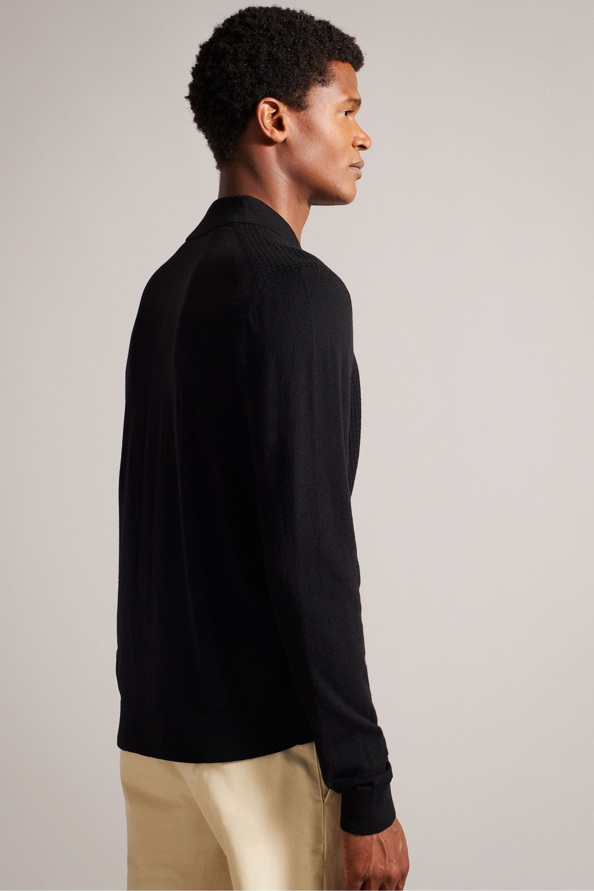Ted Baker Black Oidar Long Sleeve Revere Collar Knitted Polo Shirt - Image 2 of 6