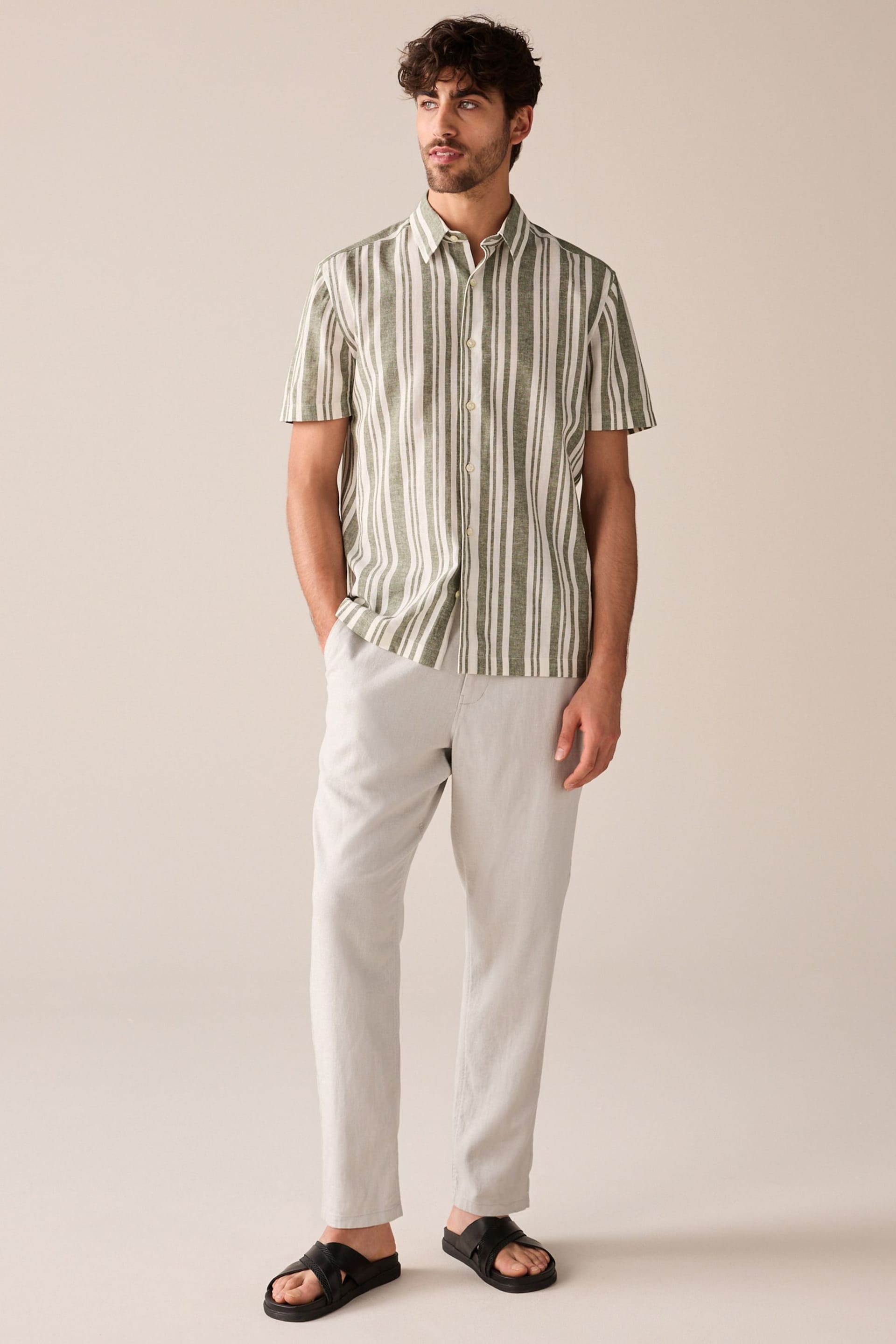 Green Linen Blend Stripe Short Sleeve Shirt - Image 2 of 8