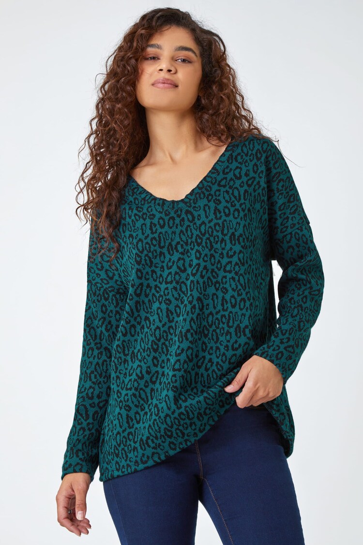 Roman Green Animal Print Tunic Stretch Top - Image 1 of 5