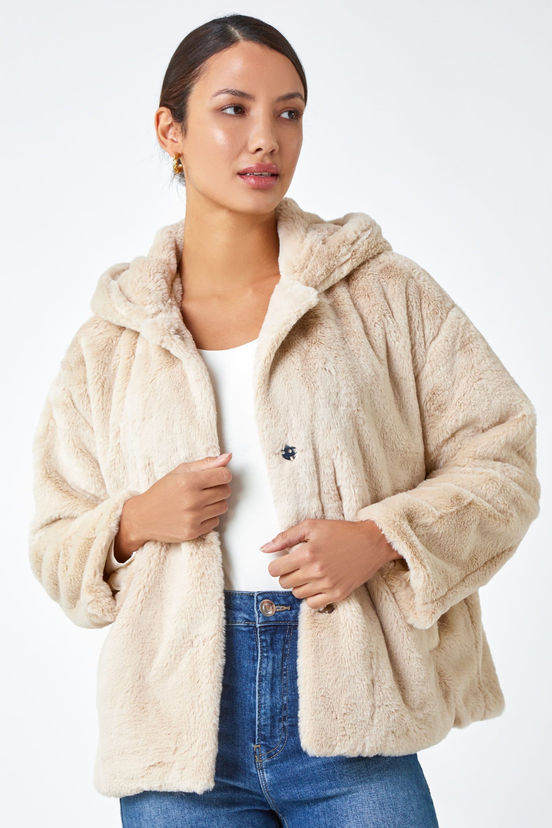 Buy Roman Natural Faux Fur Hooded Fleece Jacket from the Next UK online shop