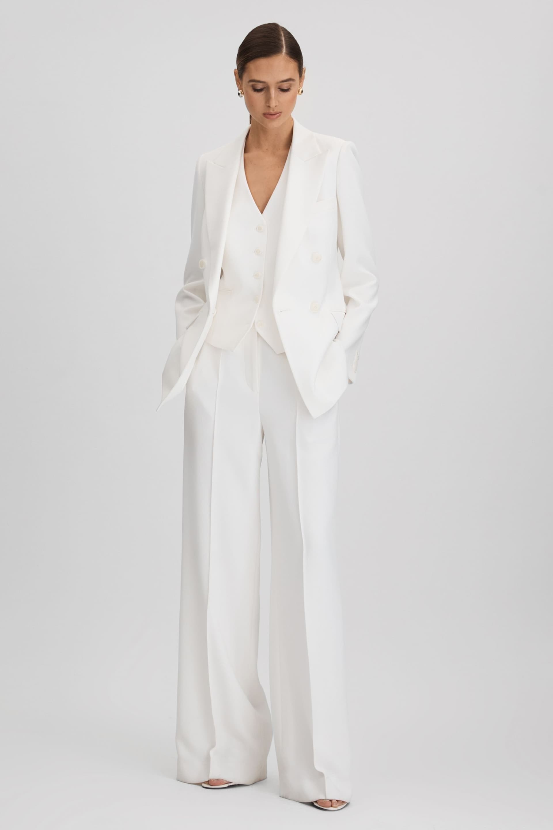 Reiss White Sienna Crepe Wide Leg Suit Trousers - Image 1 of 7
