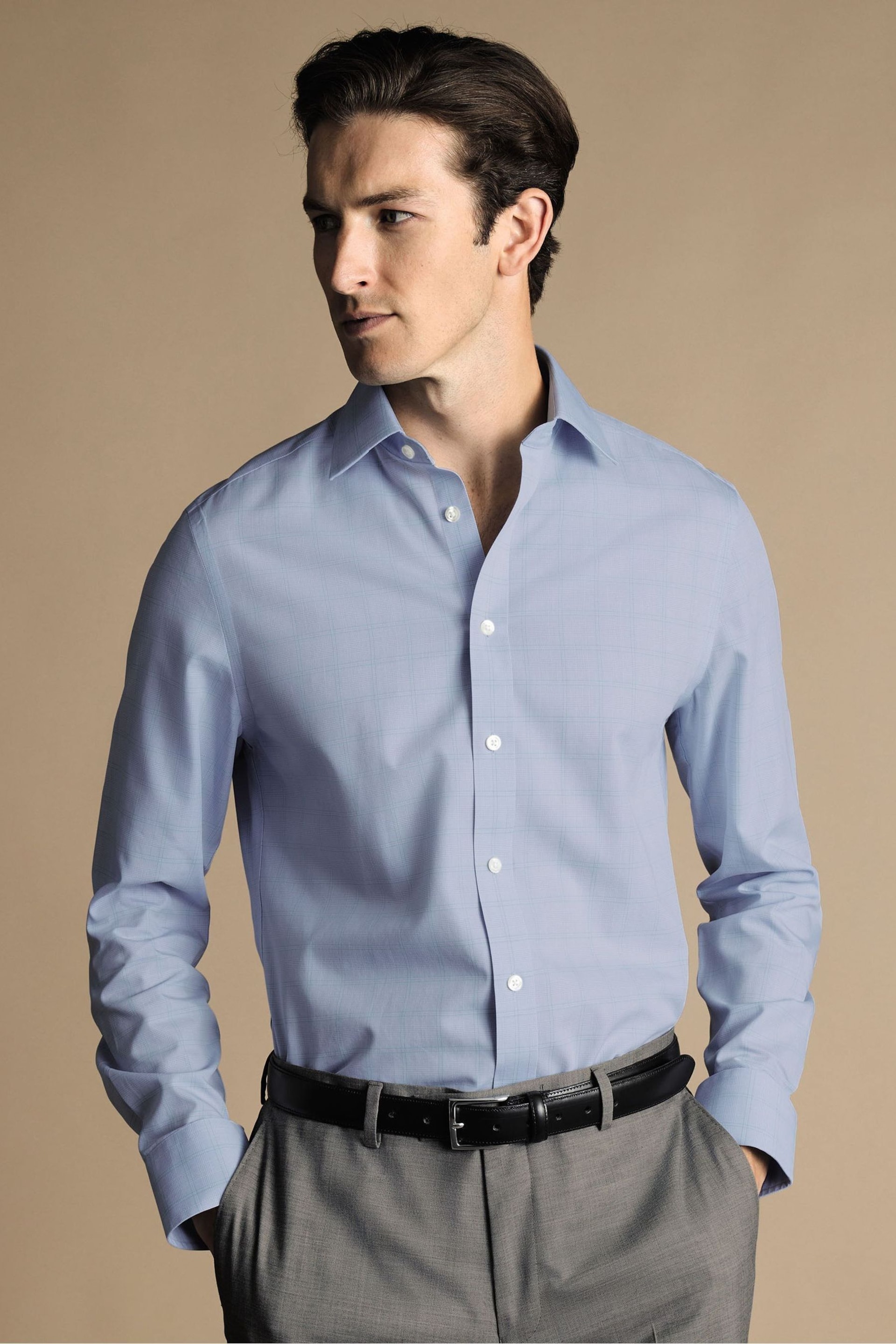 Charles Tyrwhitt Blue Prince of Wales Non-iron Poplin Slim Fit Shirt - Image 1 of 6