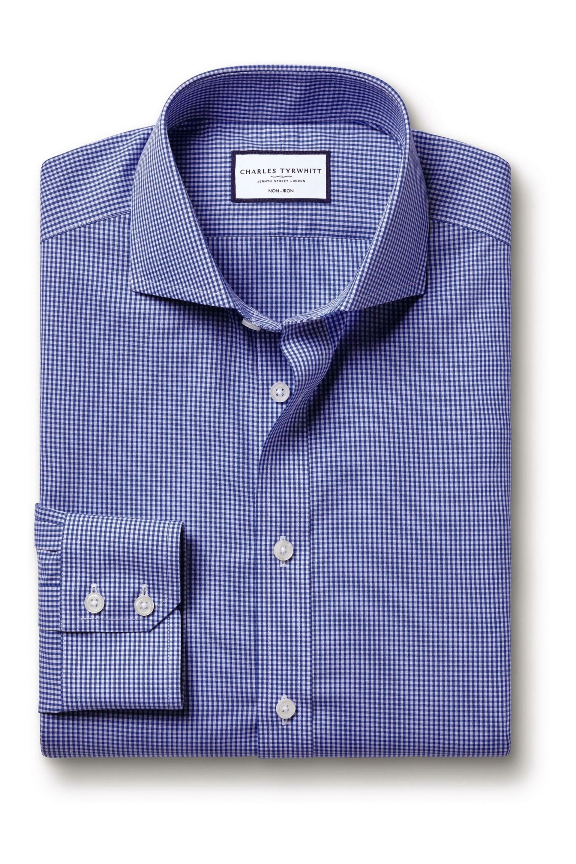 Charles Tyrwhitt Dark blue Mini Slim-FitGingham Check Non-iron Poplin CA Shirt - Image 4 of 6