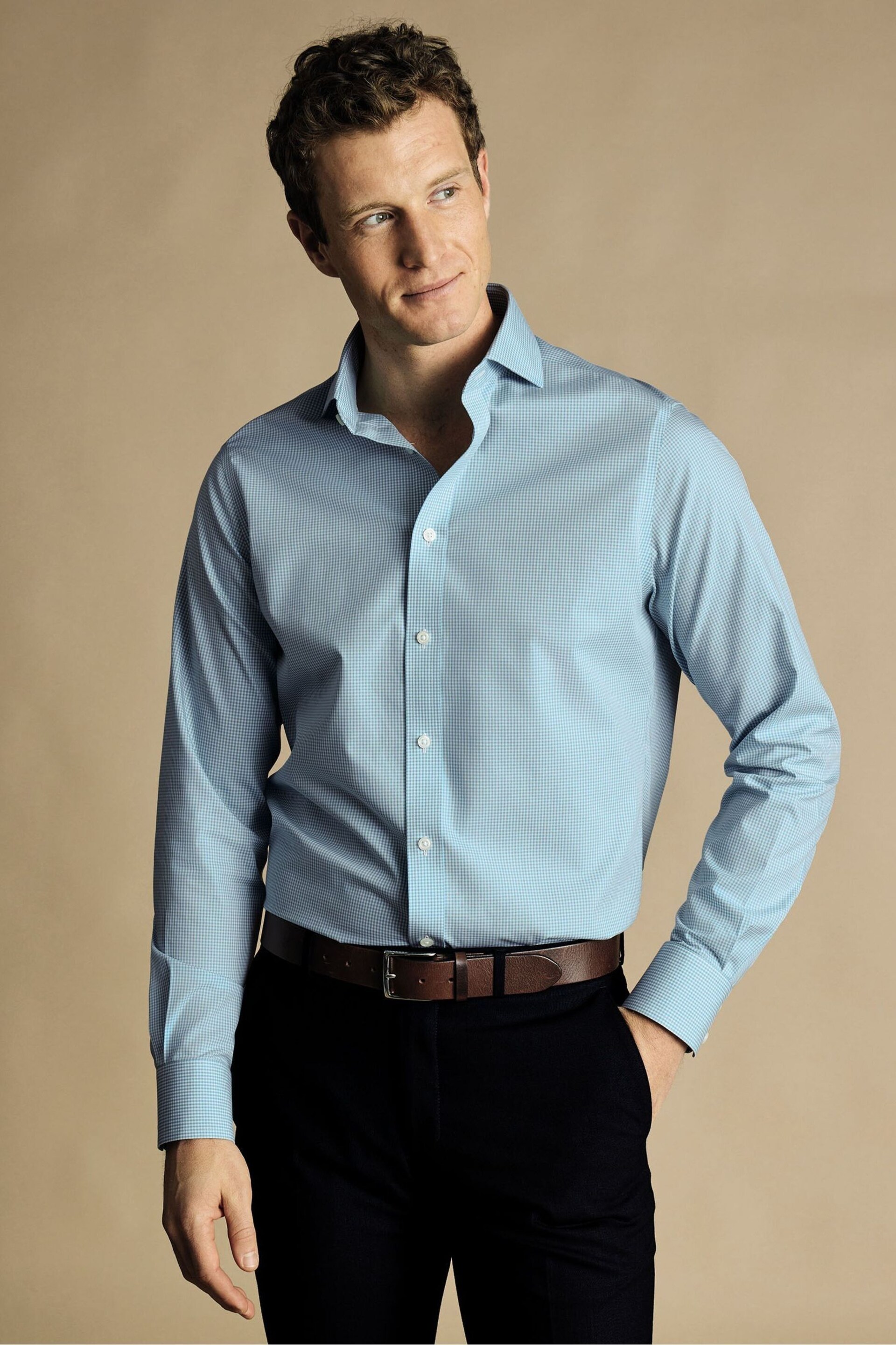 Charles Tyrwhitt Blue Mini Slim-FitGingham Check Non-iron Poplin CA Shirt - Image 1 of 5