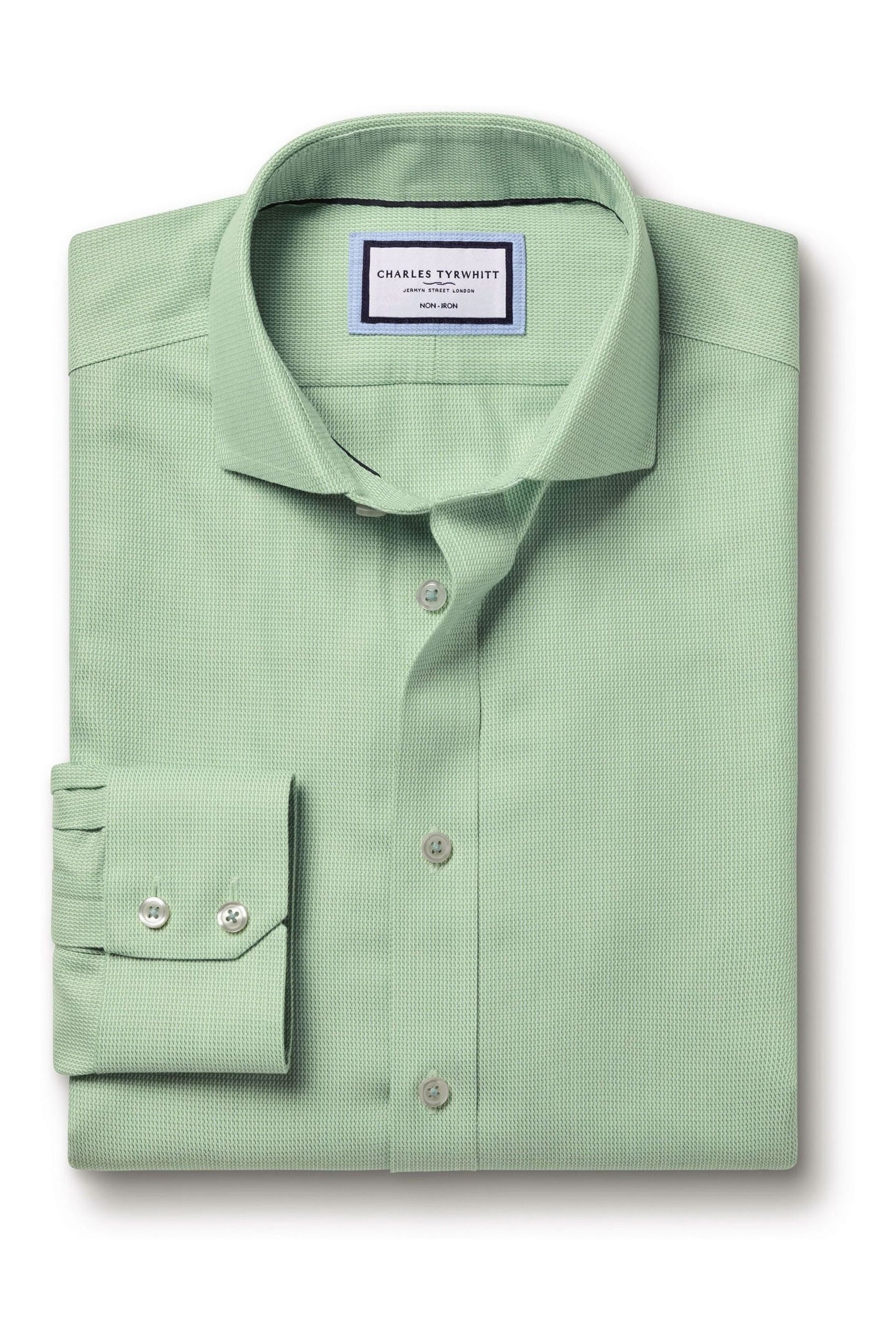Charles Tyrwhitt Green Non-iron Mayfair Weave Cutaway Slim Fit Shirt - Image 4 of 6
