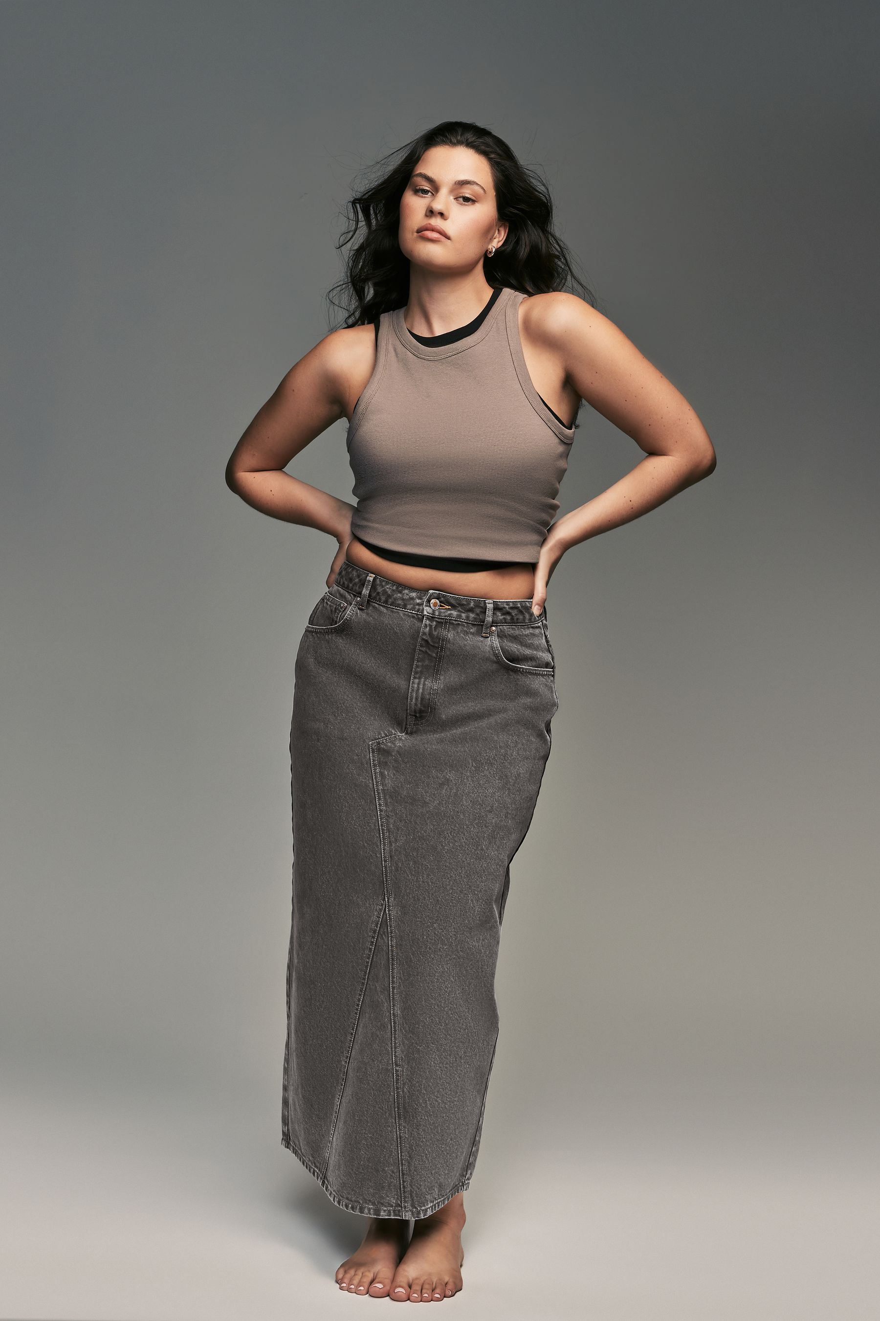 Grey 100 Cotton Hourglass Maxi Denim Skirt