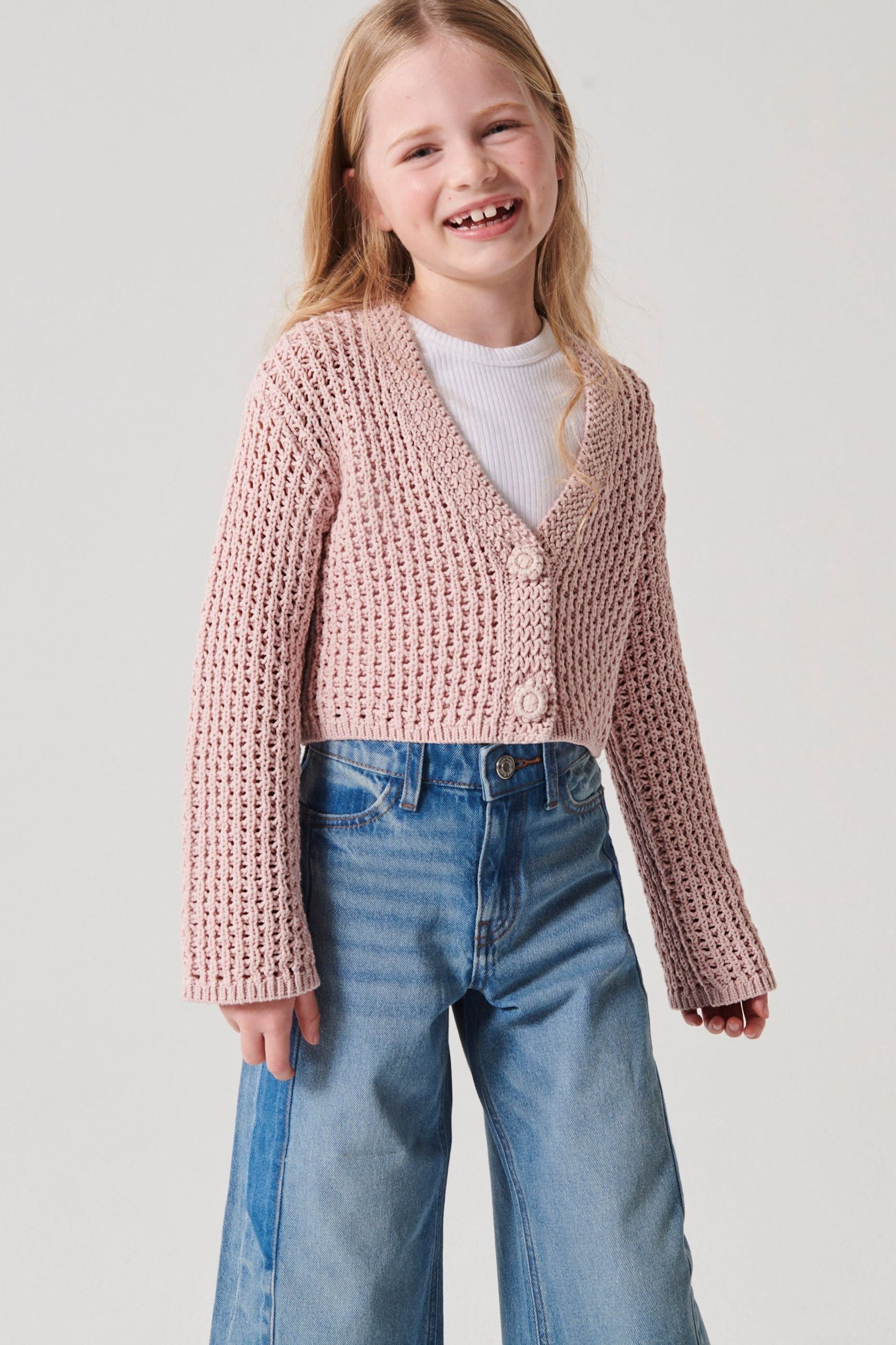 River Island Pink Girls Ecru Crochet Crop Cardigan - Image 1 of 4