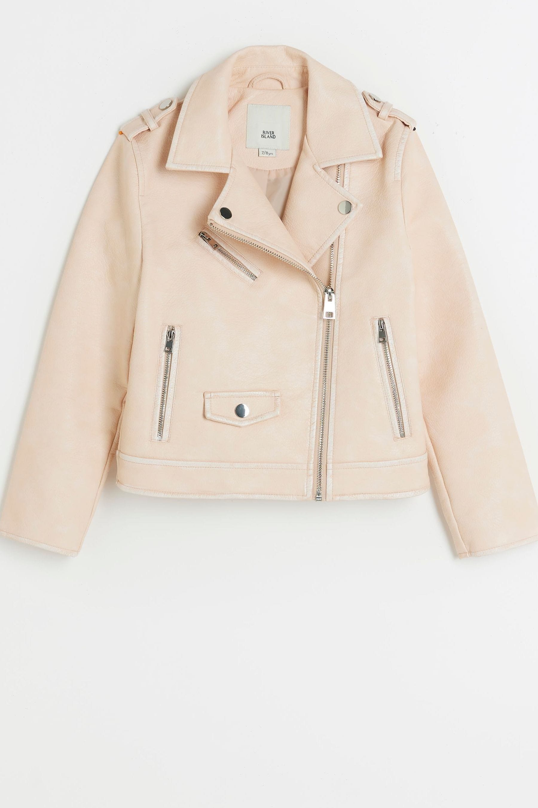 Buy River Island Pink Girls Faux Leather Distressed Biker Jacket from Next Luxembourg