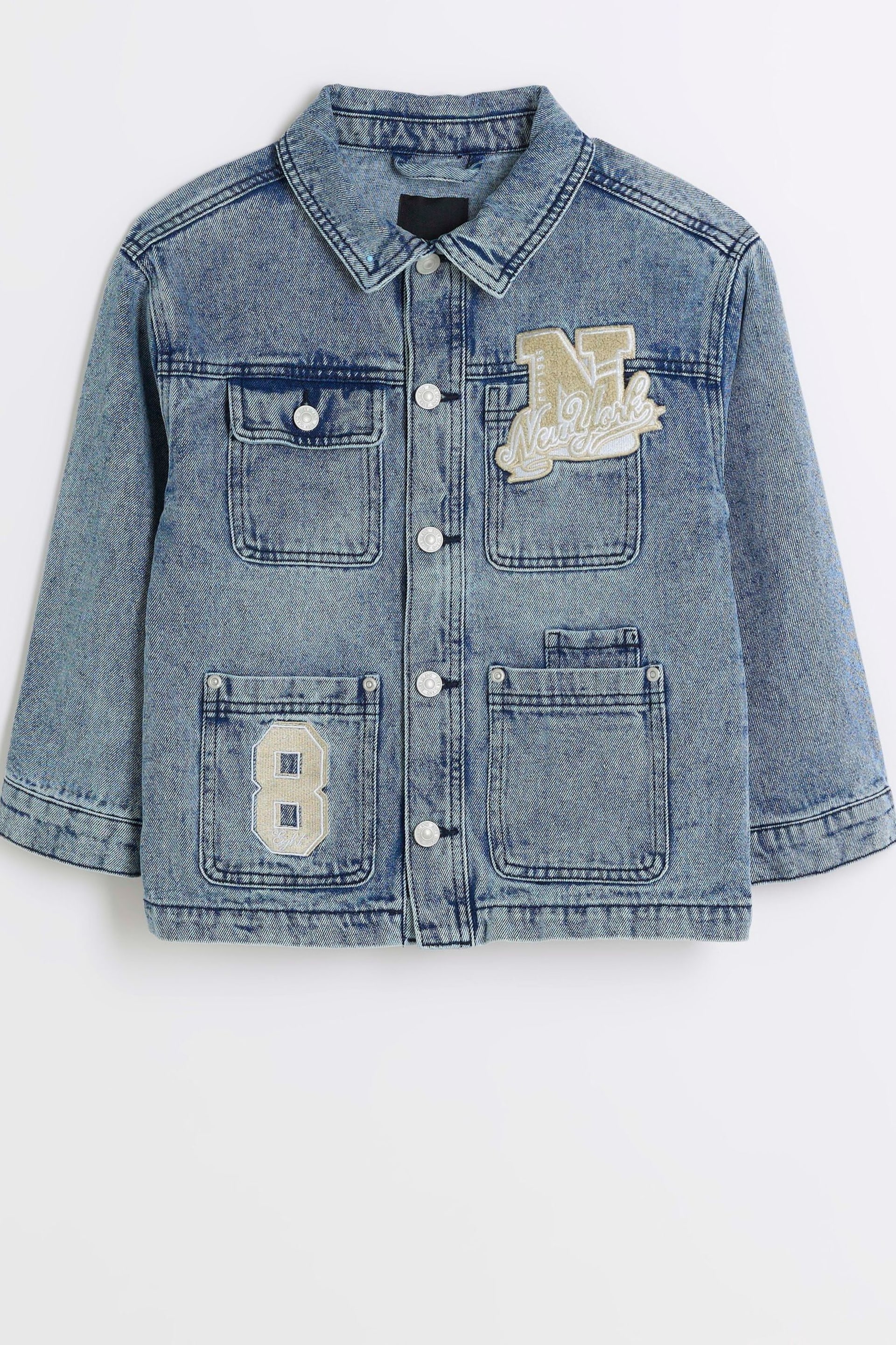 River Island Blue Boys Badged Denim Jacket - Image 1 of 3