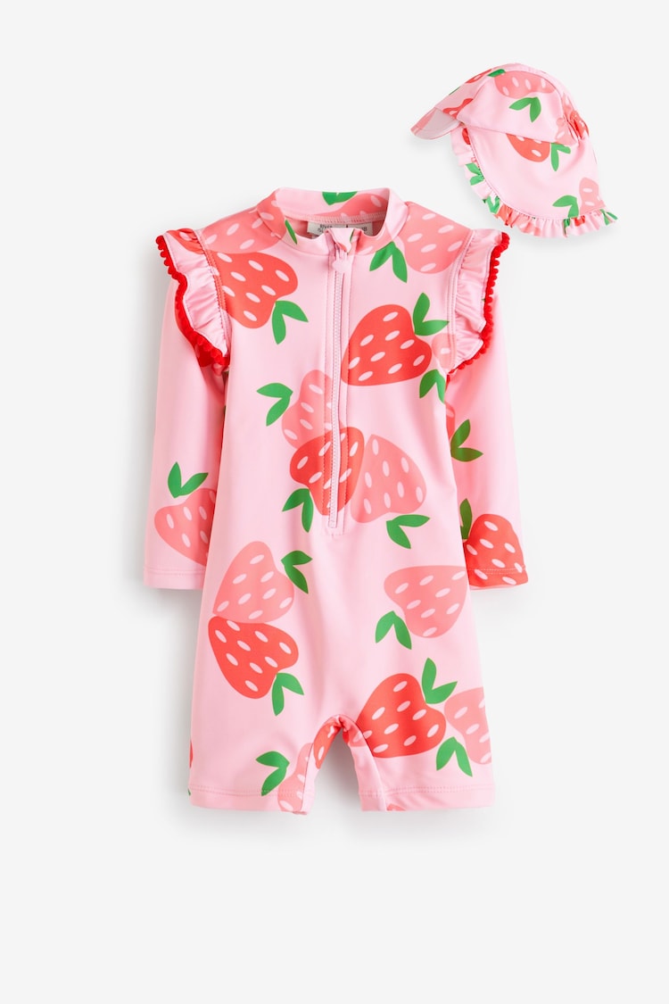 River Island Pink Girls Strawberry Print Rashsuit Set - Image 1 of 3