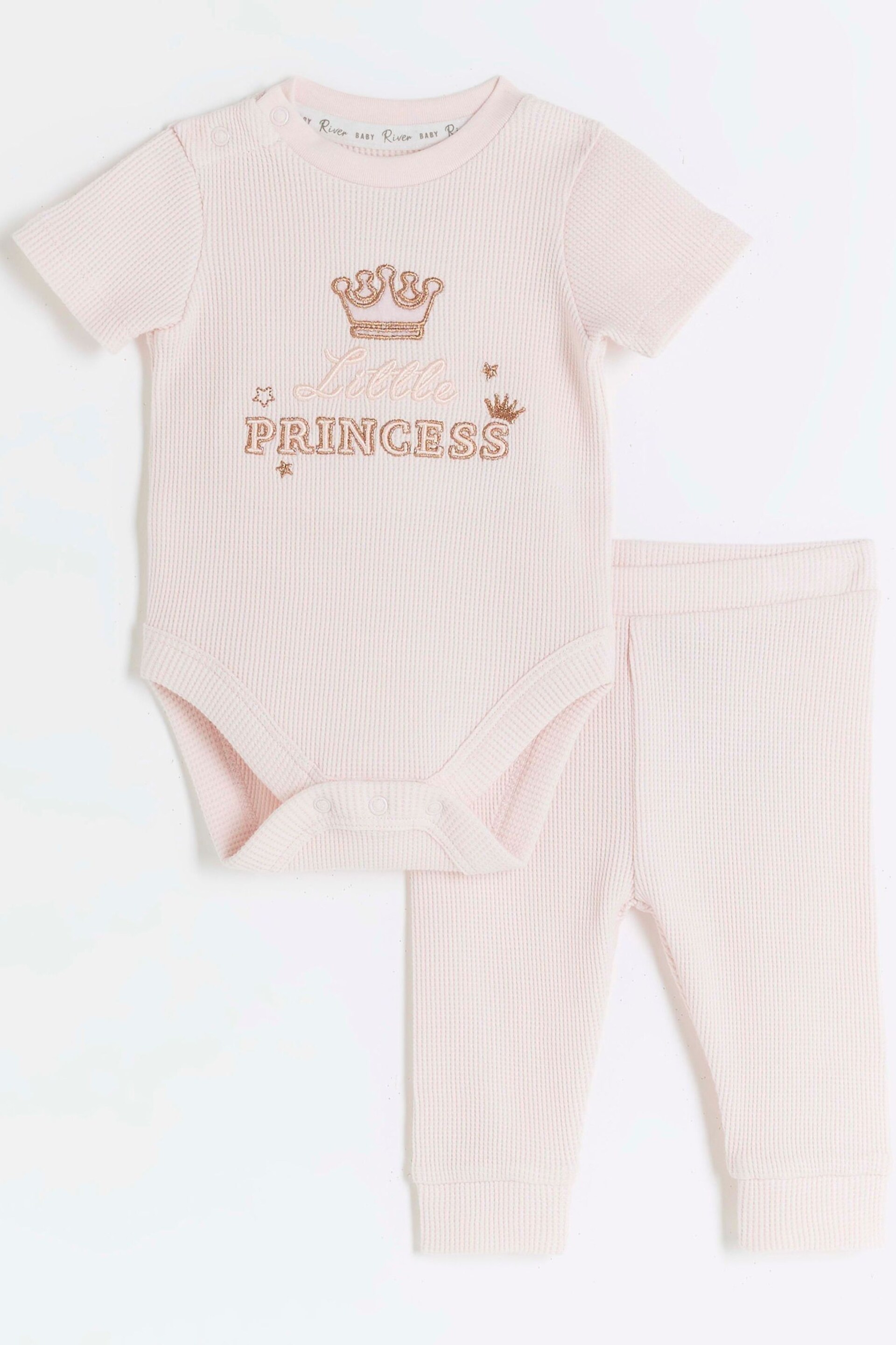 River Island Pink Baby Girls Romper & Joggers Set - Image 1 of 3
