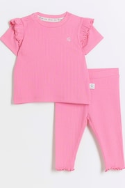 River Island Pink Baby Girls Rib Leggings Set - Image 1 of 4