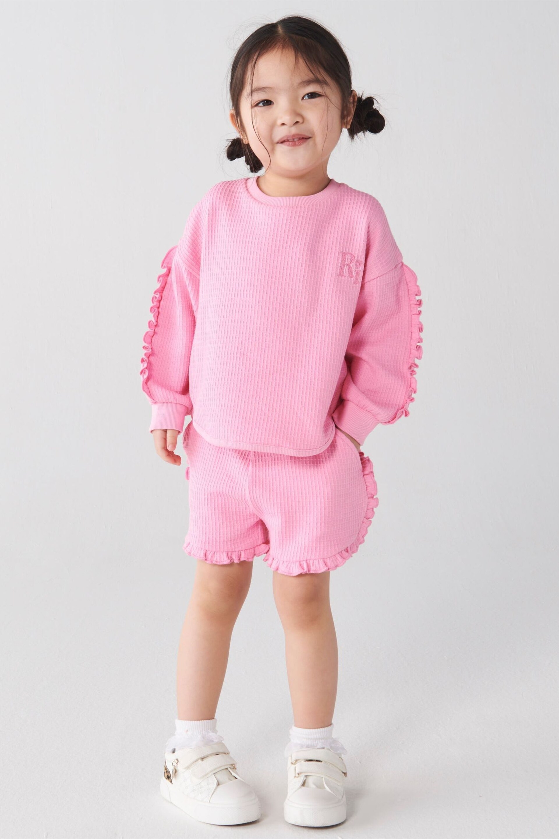 River Island Pink Mini Girls Waffle Short Set - Image 1 of 3