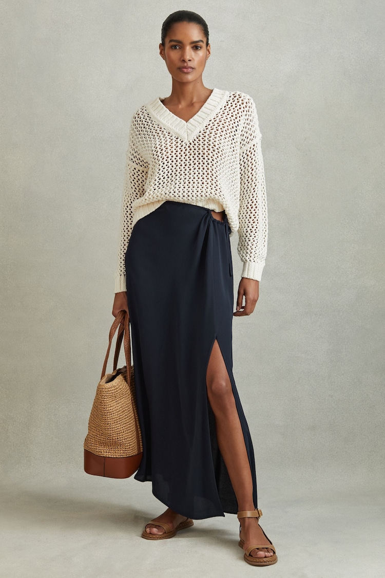 Reiss Navy Esme Gathered Side Midi Skirt - Image 1 of 6