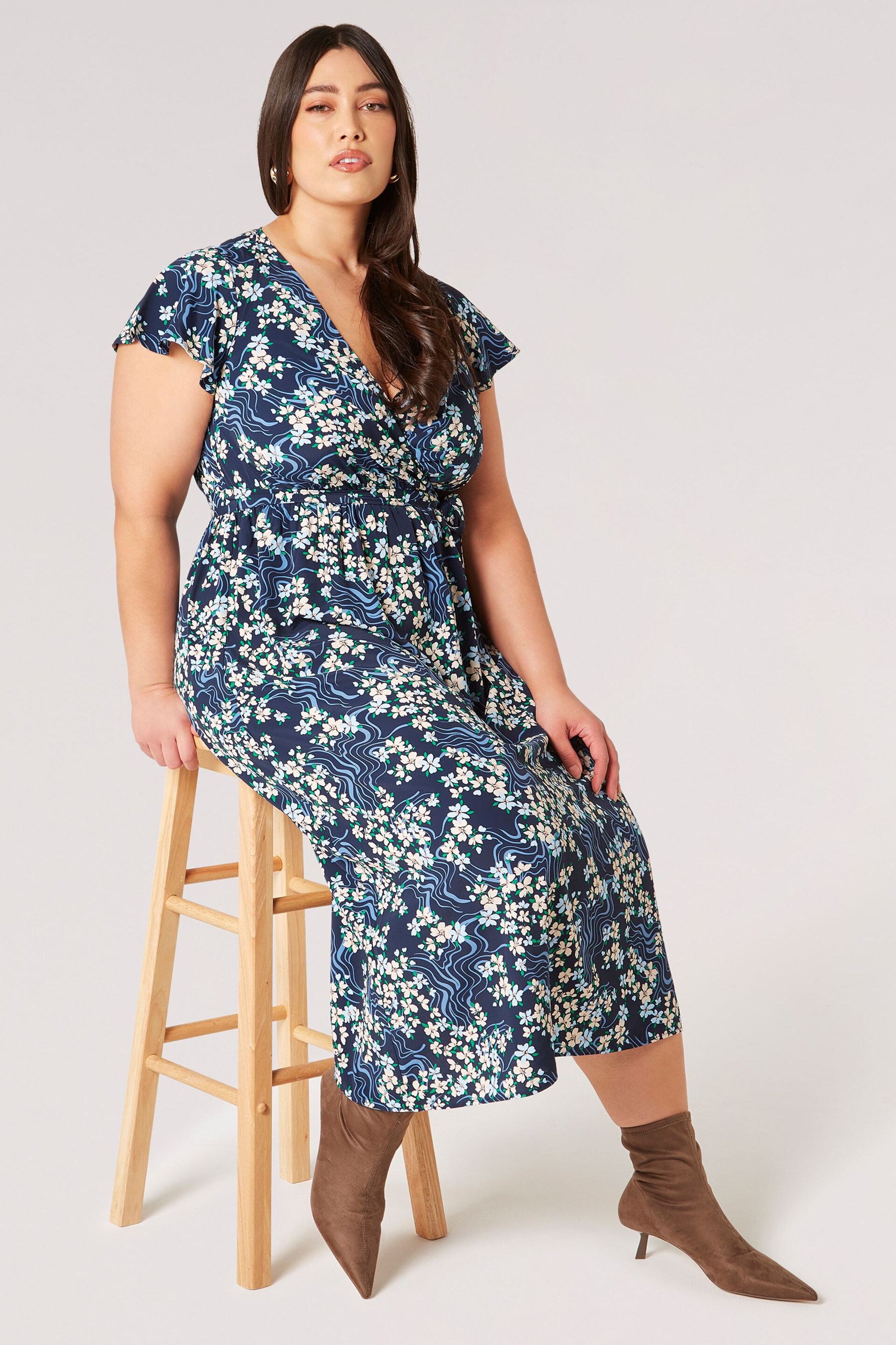 Apricot Blue Floral Swirl Angel Sleeve Wrap Dress - Image 1 of 4