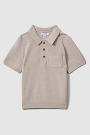 Reiss Oatmeal Melange Demetri Teen Textured Cotton Polo Shirt - Image 1 of 4