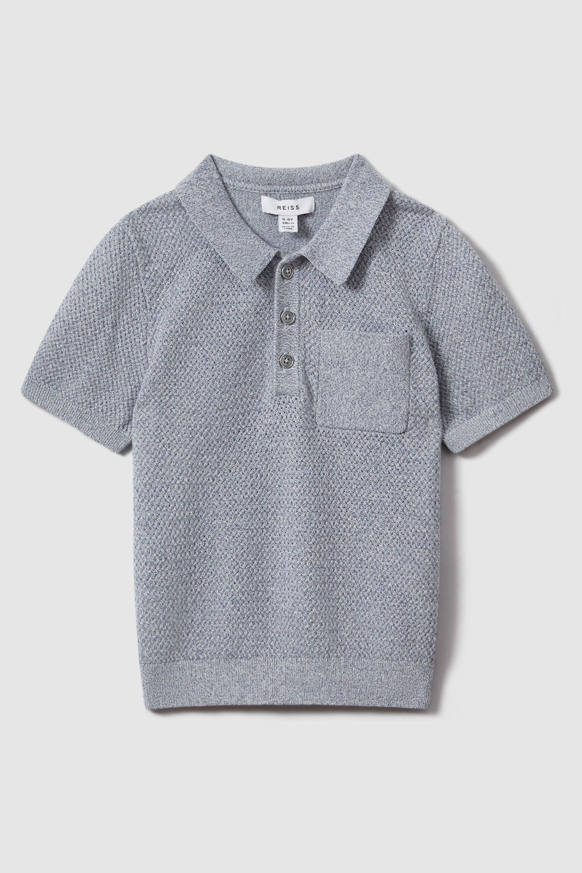 Reiss Blue Melange Demetri Teen Textured Cotton Polo Shirt - Image 1 of 4