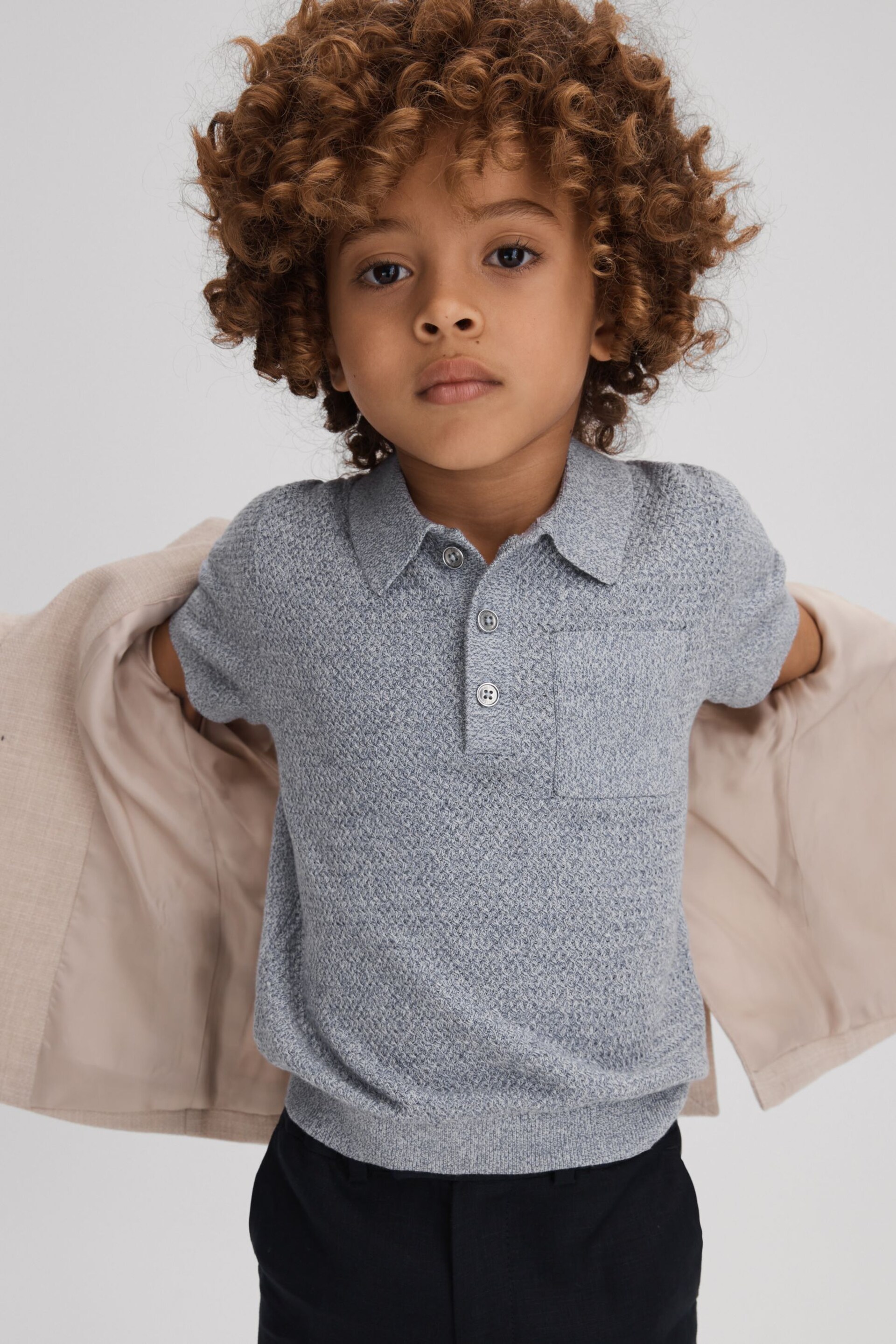 Reiss Blue Melange Demetri Teen Textured Cotton Polo Shirt - Image 3 of 4