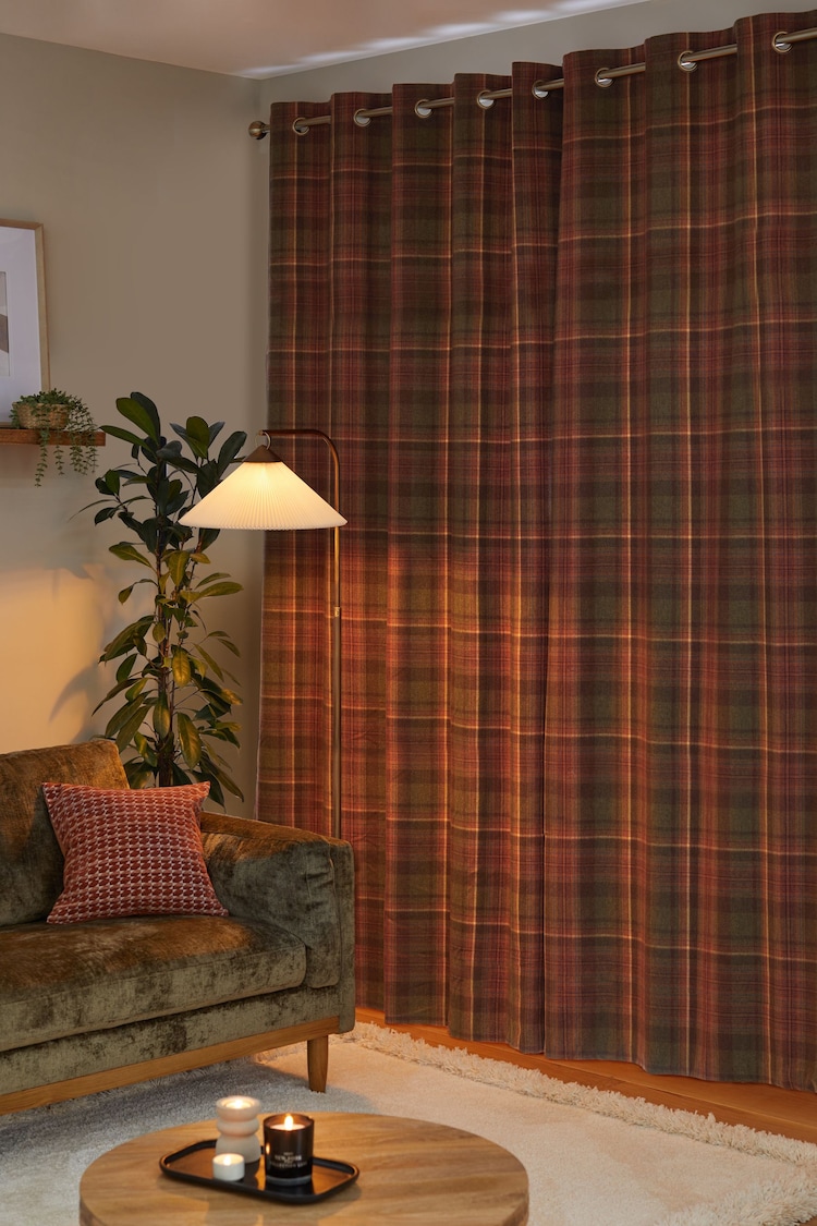 Rust Orange Brushed Check Super Thermal Curtains - Image 2 of 6