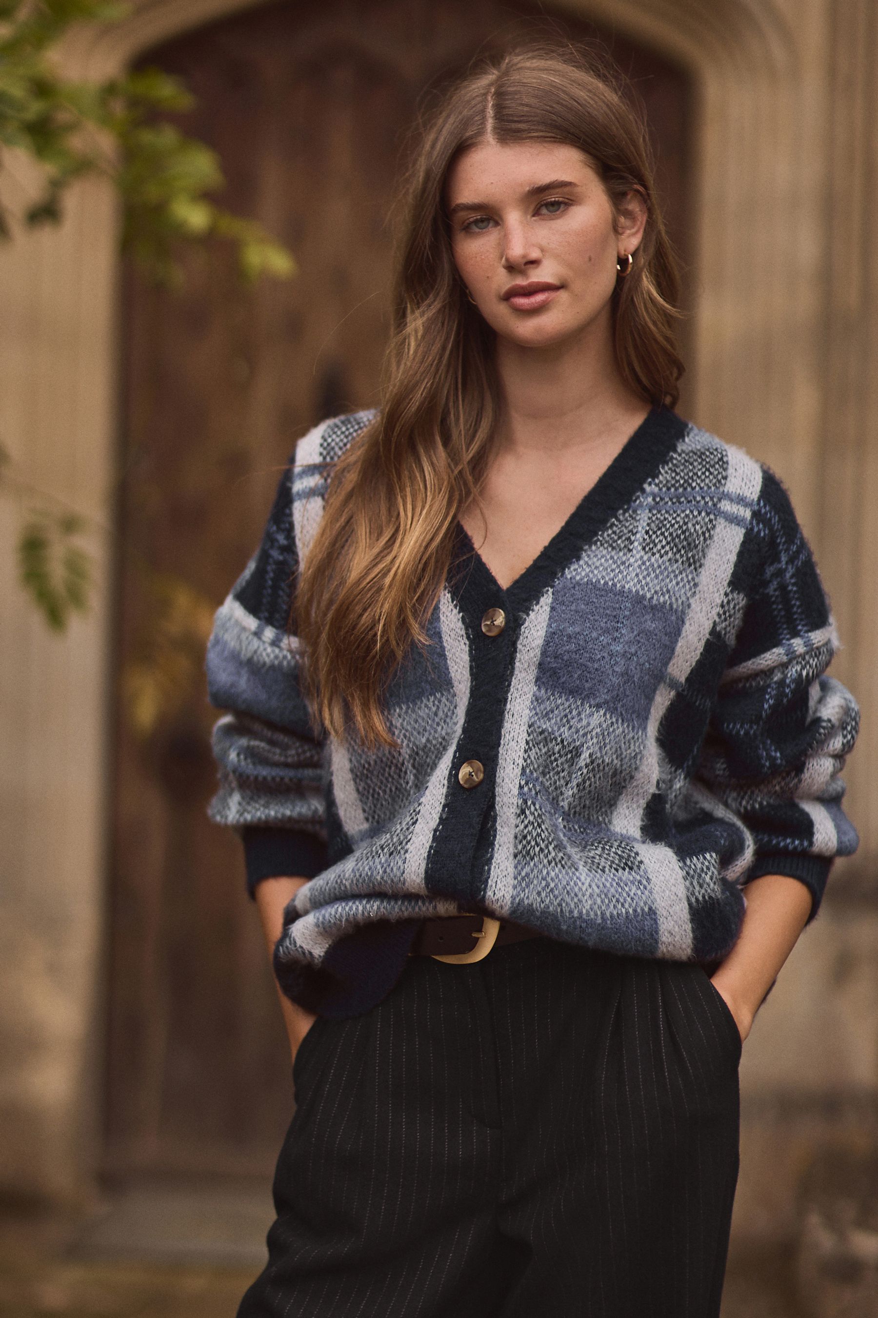 Buy Blue Check Statement Pattern Button Front Knitted Cardigan from the Next UK online shop