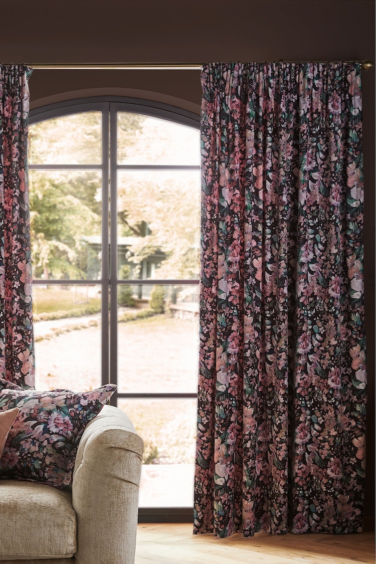 Black/Pink Rustic Romance Floral Velvet Pencil Pleat Lined Curtains - Image 1 of 4