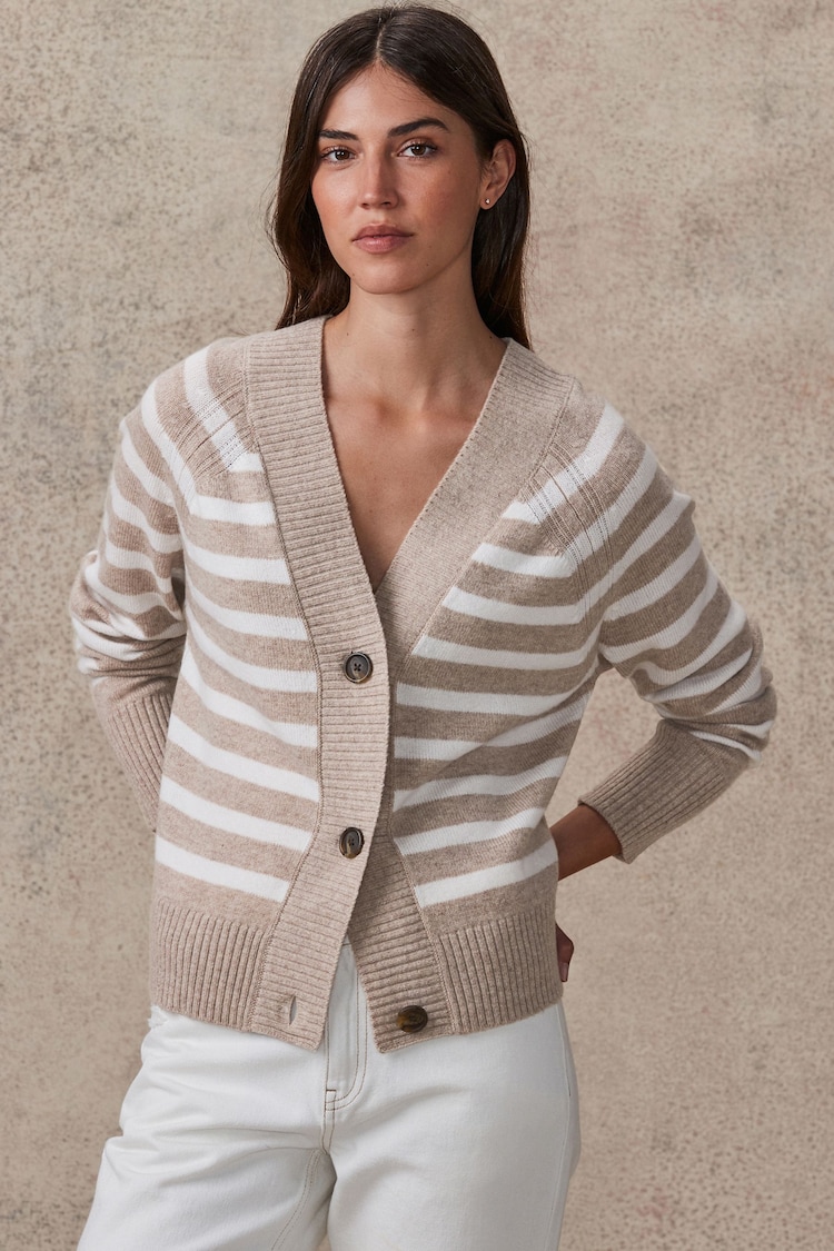 Neutral/Ecru Stripe 100% Lambswool Cardigan - Image 1 of 6