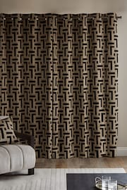 Black/Champagne Gold Collection Luxe Heavyweight Cut Velvet Geometric Eyelet Lined Curtains - Image 3 of 8