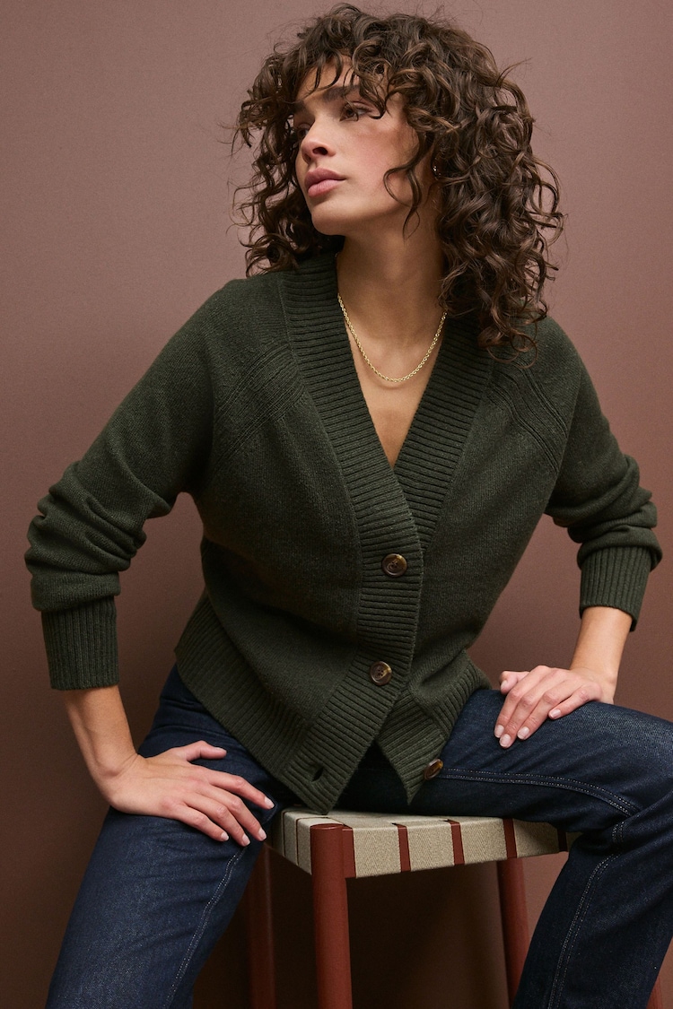 Khaki Green 100% Lambswool Cardigan - Image 1 of 6