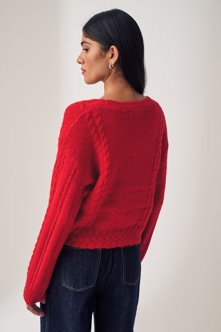 Red Sparkle Bow Button Cable Knitted Cardigan - Image 2 of 7