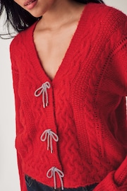 Red Sparkle Bow Button Cable Knitted Cardigan - Image 4 of 7